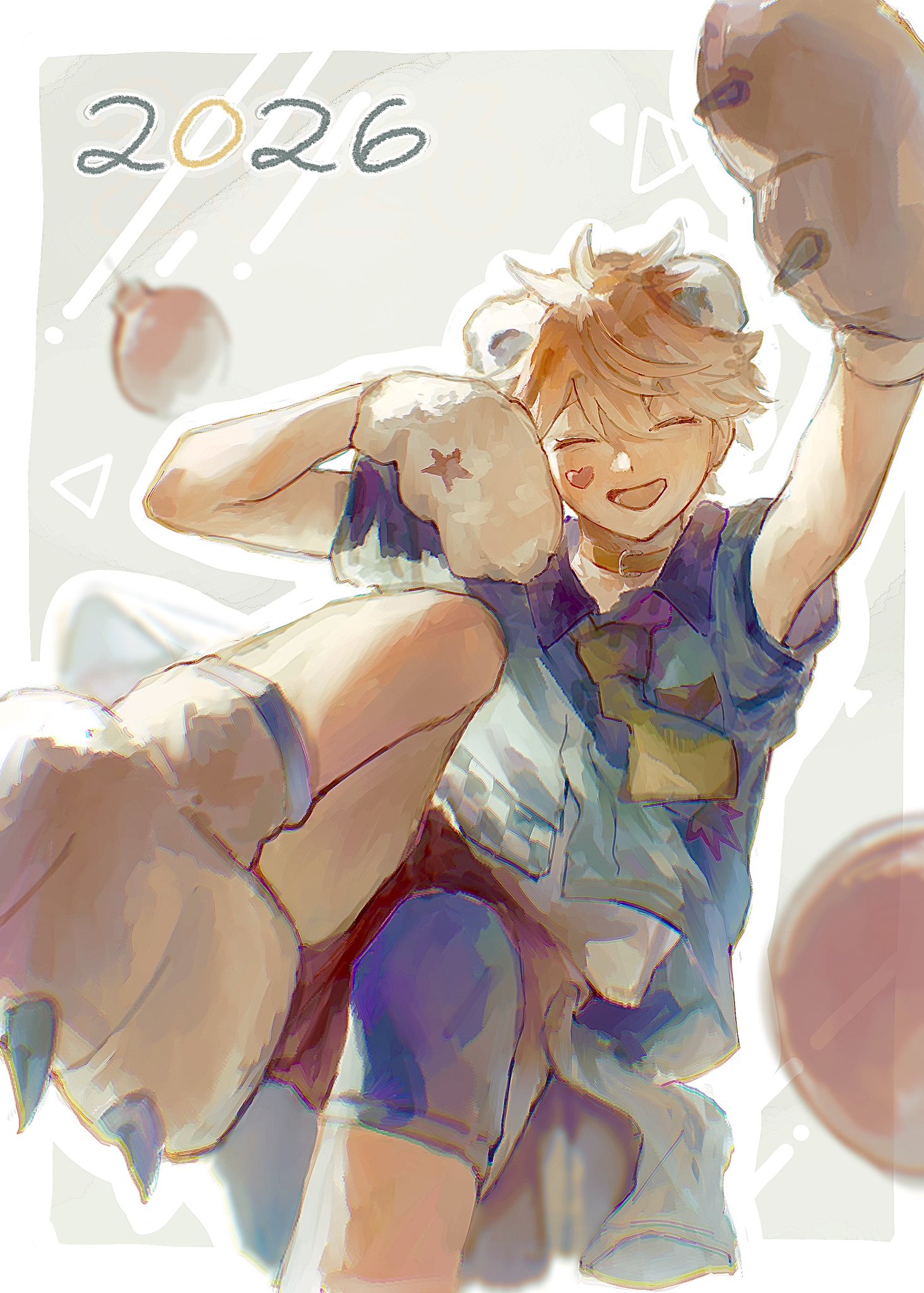 akehoshi subaru, ensemble stars!, commentary request, highres, 1boy, 2026, animal ears, animal hands, arm up, bear ears, blue shirt, blue shorts, choker, closed eyes, facing viewer, foreshortening, gloves, hair between eyes, heart, heart sticker, leg up, male focus, necktie, official alternate costume, open mouth, orange choker, orange hair, paw gloves, paw shoes, shirt, short hair, short sleeves, shorts, smile, solo, sticker, sticker on face, wwww6210, yellow necktie