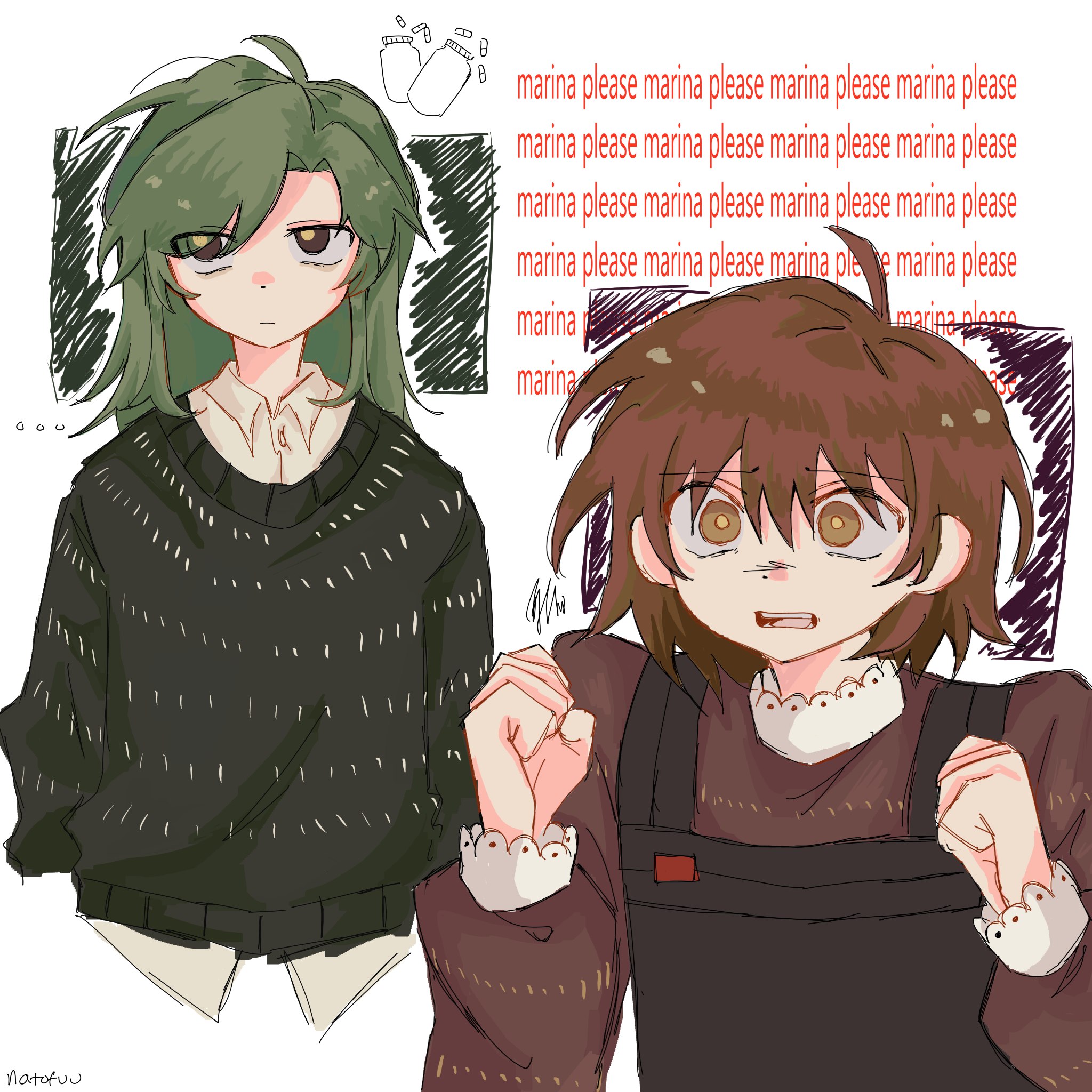 asya shubina, marina kaplan, z.a.t.o. // i love the world and everything in it, commentary, english commentary, highres, 2girls, apron, averting eyes, black apron, brown eyes, brown hair, closed mouth, collared shirt, english text, expressionless, green hair, kanatofude, long hair, long sleeves, multiple girls, open mouth, parted lips, pill, school uniform, shirt, short hair, soviet school uniform, sweater, teeth, upper body, white background, worried, yellow pupils