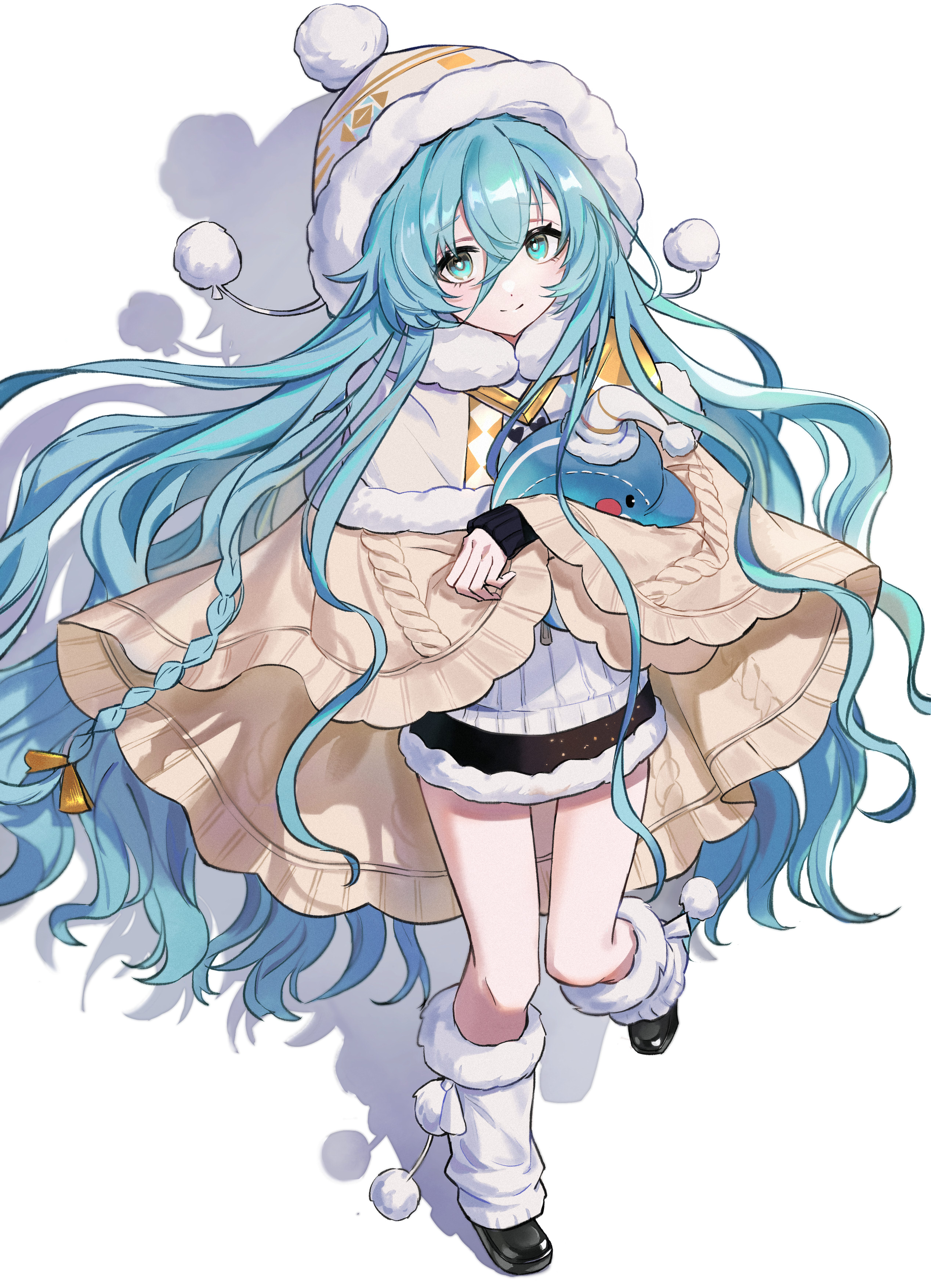 qinghong zaoshu, 37 (maidjump goods cafe) (reverse:1999), 37 (reverse:1999), reverse:1999, absurdres, commentary request, highres, 1girl, beanie, black shoes, blue eyes, blue hair, from above, full body, hair between eyes, hat, hugging object, leg up, leg warmers, long hair, looking at viewer, official alternate costume, pom pom (clothes), pom pom beanie, shadow, shoes, simple background, solo, standing, standing on one leg, stuffed animal, stuffed dolphin, stuffed toy, sweater, very long hair, white background, white leg warmers, white sweater, yellow cloak