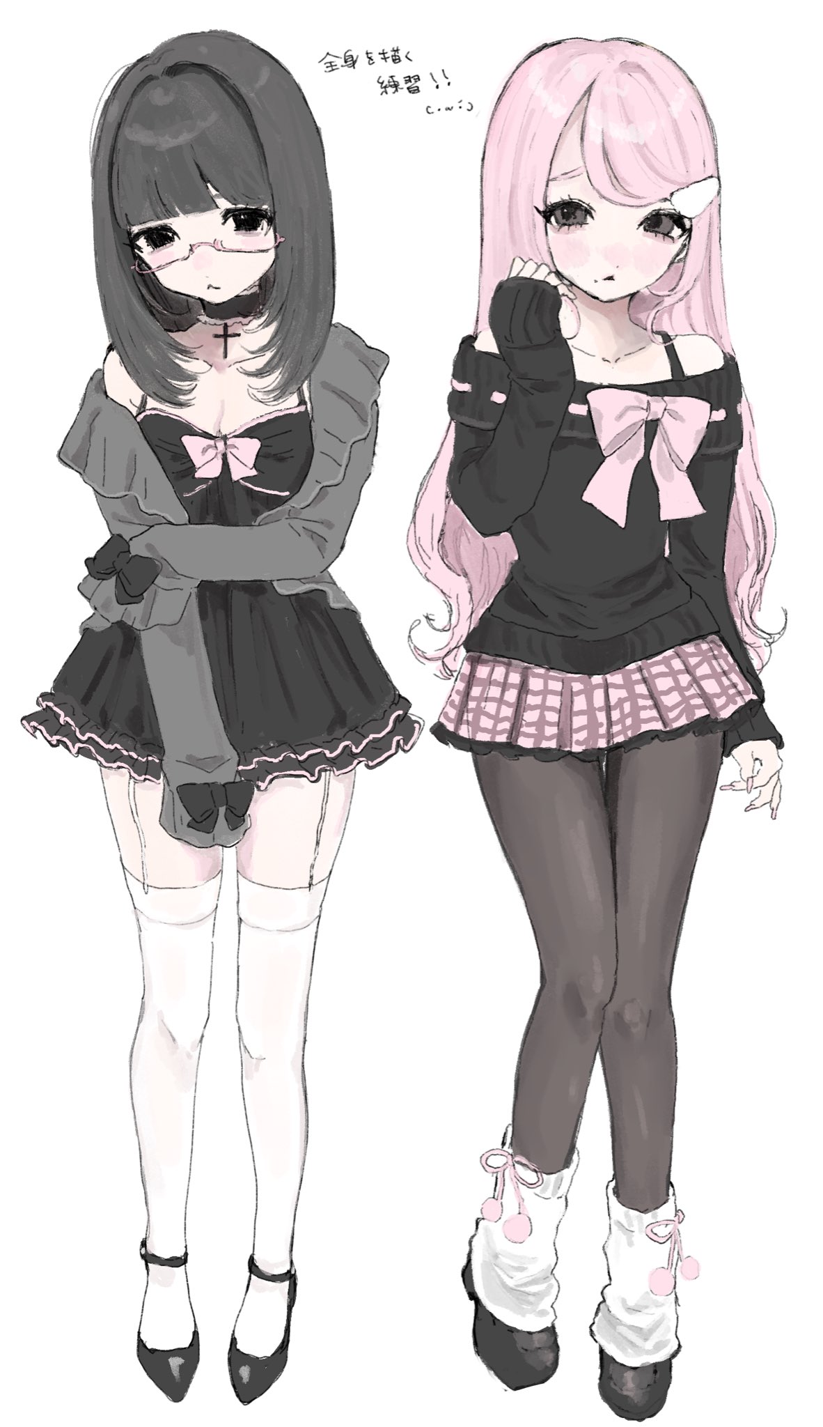 motsu (timotimo451), original, highres, 2girls, arm across waist, bare shoulders, black bow, black dress, black eyes, black hair, black pantyhose, black shoes, black sweater, blunt bangs, bow, breasts, brown eyes, cardigan, cardigan partially removed, choker, cleavage, collarbone, cross, dress, fashion, frilled dress, frills, grey cardigan, hair ornament, hairclip, hand up, lace, lace-trimmed skirt, lace trim, leg warmers, long hair, looking at viewer, medium hair, mole, mole under mouth, multiple girls, off-shoulder sweater, off shoulder, pantyhose, pink bow, pink hair, pink skirt, pom pom (clothes), semi-rimless eyewear, shoes, sidelocks, simple background, skirt, sleeve bow, sleeves past fingers, sleeves past wrists, small breasts, standing, sweater, swept bangs, thighhighs, white background, white leg warmers, white thighhighs, wishcore