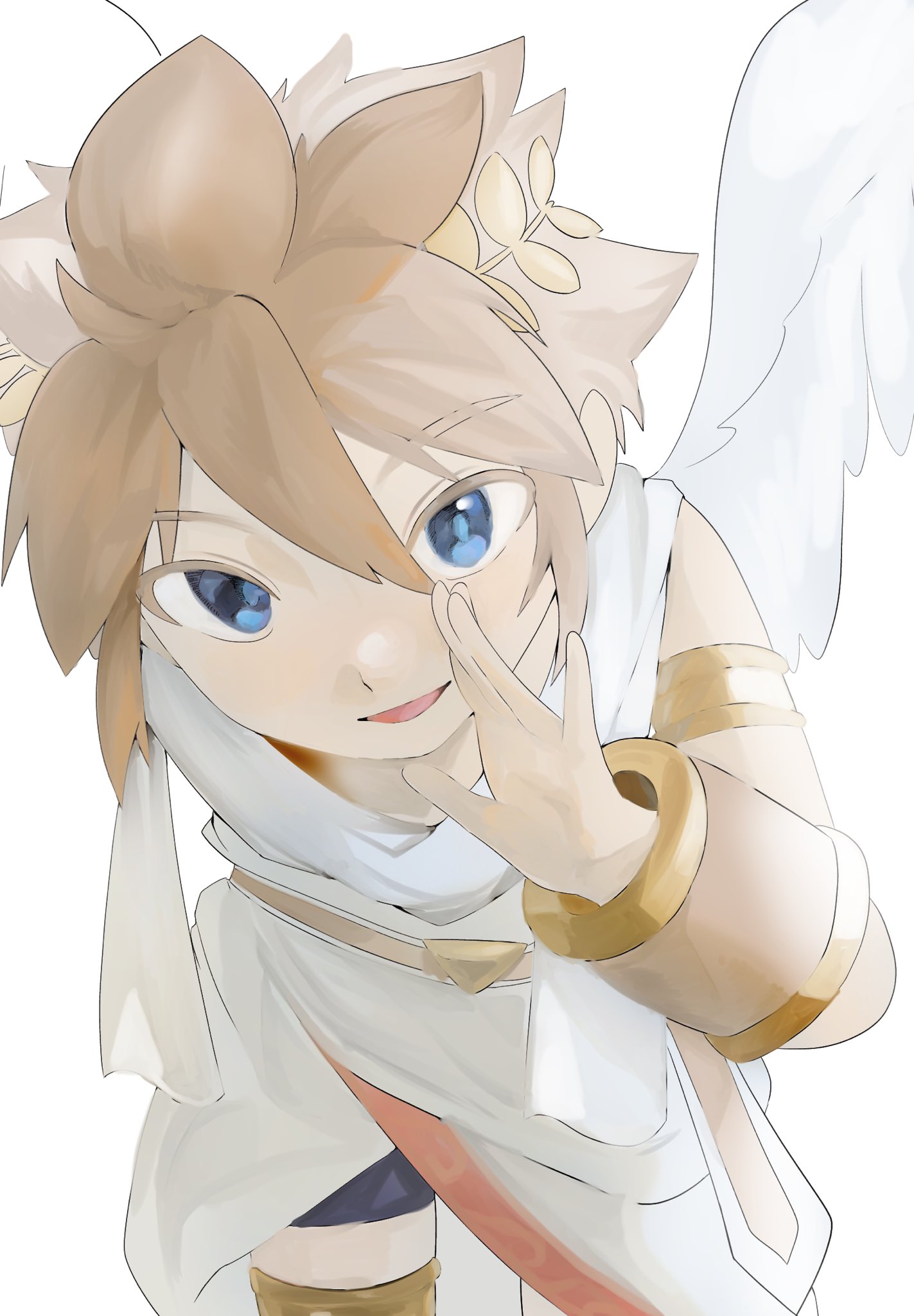 yuuri snpr, pit (kid icarus), kid icarus, kid icarus uprising, nintendo, gold armlet, commentary request, highres, ancient greek clothes, angel, angel wings, armlet, belt, blue eyes, bracer, brown belt, brown hair, greco-roman clothes, jewelry, laurel crown, looking at viewer, open mouth, scarf, sidelocks, simple background, smile, spiked hair, white scarf, white wings, wings