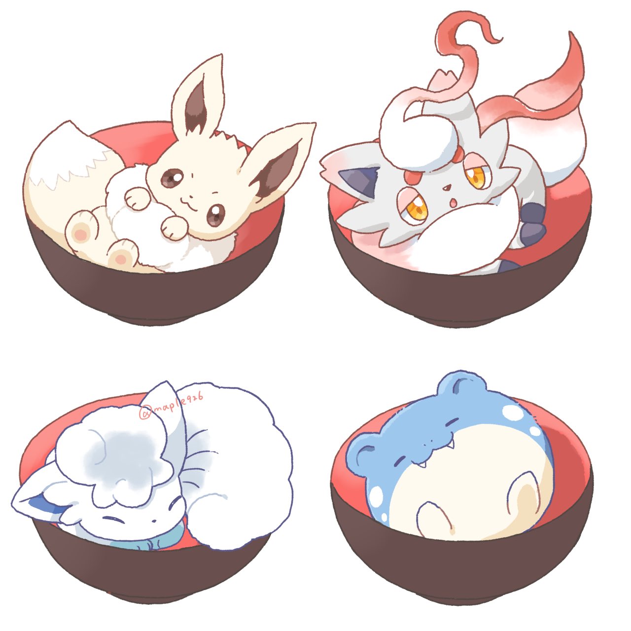 kana (maple926), alolan vulpix, eevee, hisuian zorua, spheal, nintendo, pokemon, commentary request, highres, alolan form, alternate color, animal focus, bowl, brown eyes, closed eyes, fangs, gen 1 pokemon, gen 3 pokemon, gen 7 pokemon, no humans, open mouth, pokemon (creature), shiny pokemon, sleeping, smile, twitter username, white background, yellow eyes