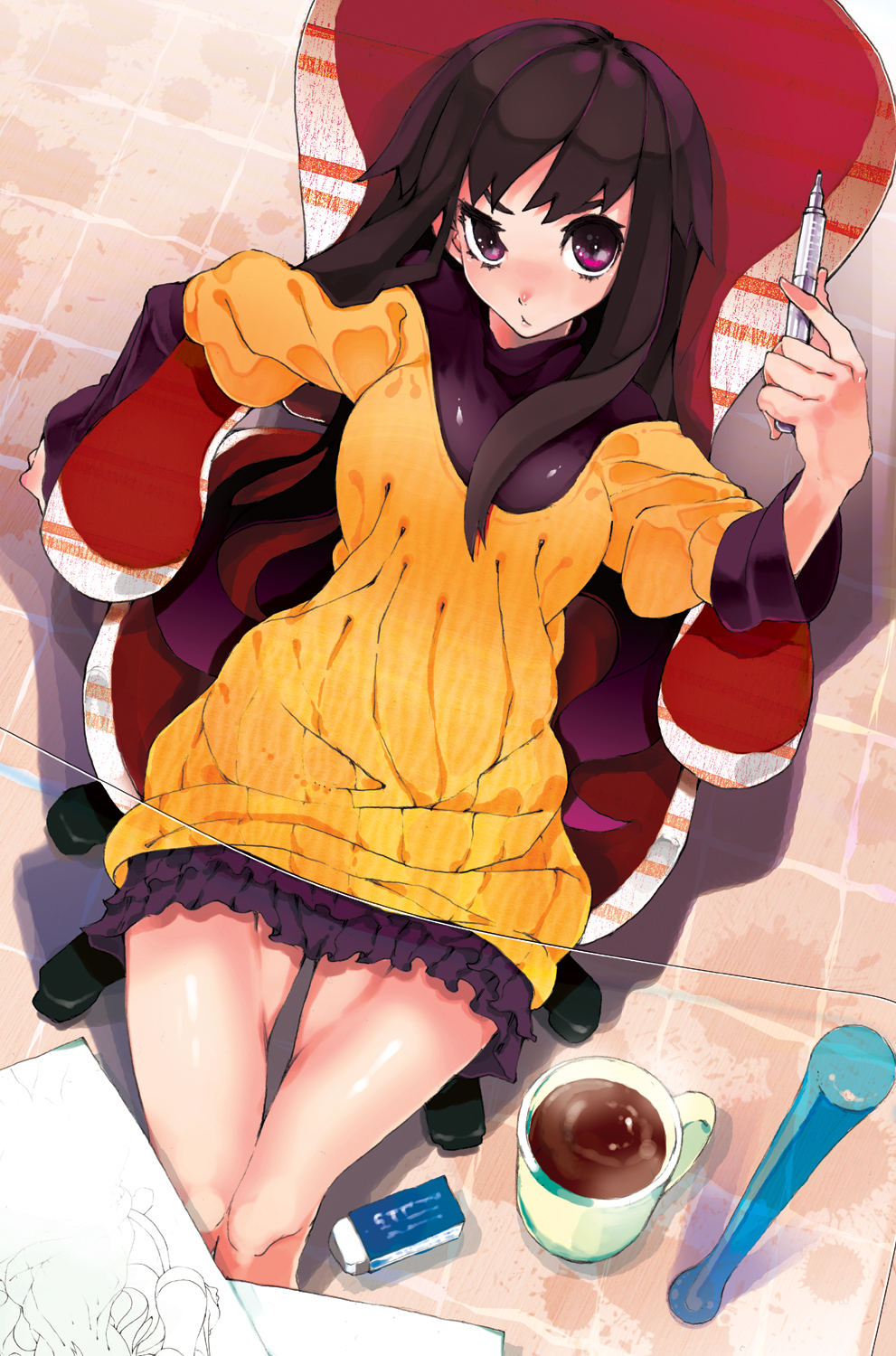 aco (koaya ako), oekaki musume, original, drawing, highres, 1girl, blush, brown hair, chair, coffee, female focus, from above, legs, long hair, orange shirt, paper, pen, purple eyes, raised eyebrow, shirt, sitting, skirt, solo, sweater, thighs