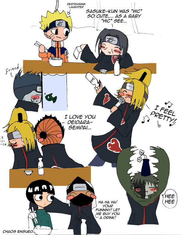 deidara, hoshigaki kisame, kakuzu, rock lee, tobi (naruto), uchiha itachi, uzumaki naruto, zetsu, naruto (series), naruto shippuuden, naruto, saki, akatsuki (naruto), black hair, blonde hair, blush, chopsticks, coat, drunk, fish, flower, food, green hair, headband, jumpsuit, mask, microphone, music, musical note, noodles, ramen, rice, saucer, singing, trench coat, vase