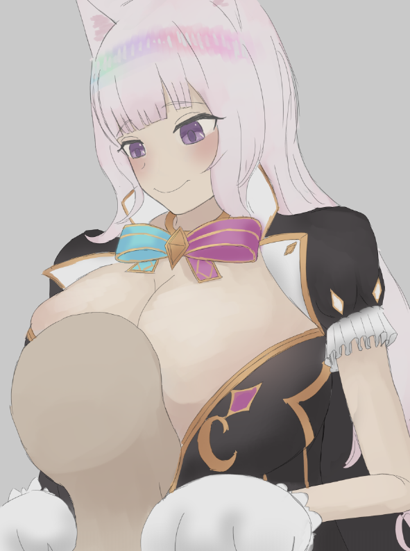 kemo029, cheshire dinah (grimms notes), grimms notes, 1boy, 1girl, breasts, closed mouth, gloves, huge breasts, smile, upper body, white gloves, white hair