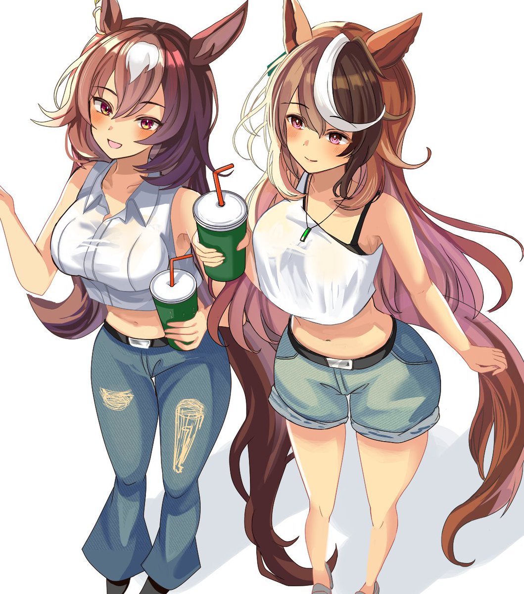 hanamura pink, sirius symboli (umamusume), symboli rudolf (umamusume), umamusume, commentary request, highres, 2girls, alternate costume, animal ears, black hair, blush, breasts, brown hair, closed mouth, collared shirt, crop top, cropped shirt, cup, disposable cup, drink, drinking straw, full body, grey pants, grey shorts, holding, holding cup, horse ears, horse girl, horse tail, large breasts, long hair, looking at viewer, midriff, multicolored hair, multiple girls, navel, open mouth, pants, purple eyes, red eyes, shirt, shorts, simple background, single-shoulder shirt, sleeveless, sleeveless shirt, smile, standing, stomach, streaked hair, tail, thighs, white background, white hair, white shirt, white streaks