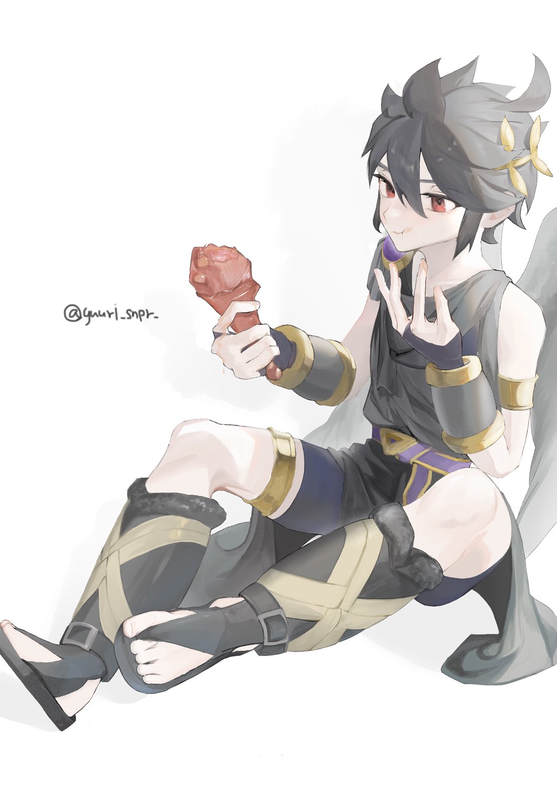 yuuri snpr, dark pit, kid icarus, kid icarus uprising, nintendo, gold armlet, commentary, highres, symbol-only commentary, 1boy, ahoge, armlet, belt, black hair, black sandals, black shorts, chewing, fingerless gloves, food, full body, gloves, gold thighlet, grey wings, hair between eyes, holding, holding food, holding ice cream, holding ice cream cone, ice cream, ice cream cone, jewelry, laurel crown, male focus, purple belt, red eyes, sandals, short hair, shorts, sidelocks, simple background, single bare shoulder, sitting, solo, spiked hair, thighlet, toes, twitter username, white background, wings