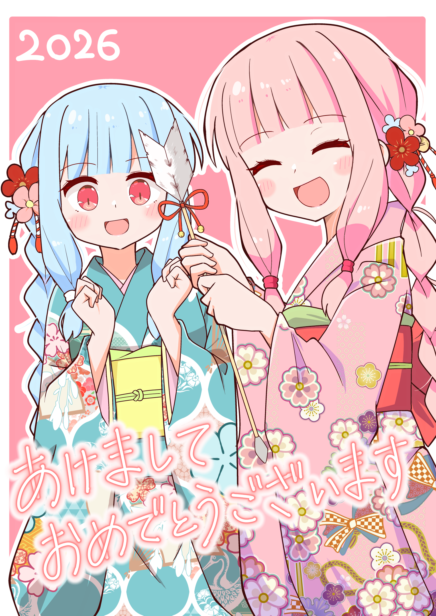 himajin narou, kotonoha akane, kotonoha aoi, voiceroid, commentary request, highres, 2026, 2girls, arrow (projectile), blue hair, blunt bangs, blush stickers, border, braid, flower, hair ornament, hamaya, hands up, holding, japanese clothes, kanzashi, kimono, long sleeves, looking at viewer, multiple girls, obi, open mouth, outline, outside border, pink background, pink hair, red eyes, sash, siblings, sisters, smile, white border, white outline