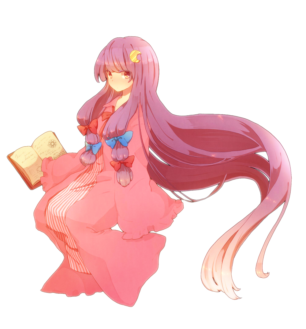 kurosujuu, patchouli knowledge, touhou, striped, 1girl, blunt bangs, book, bow, crescent, crescent hair ornament, female focus, hair bow, hair ornament, long hair, looking at viewer, multiple hair bows, no headwear, open book, pink theme, purple hair, red eyes, robe, sitting, solo, staring, very long hair