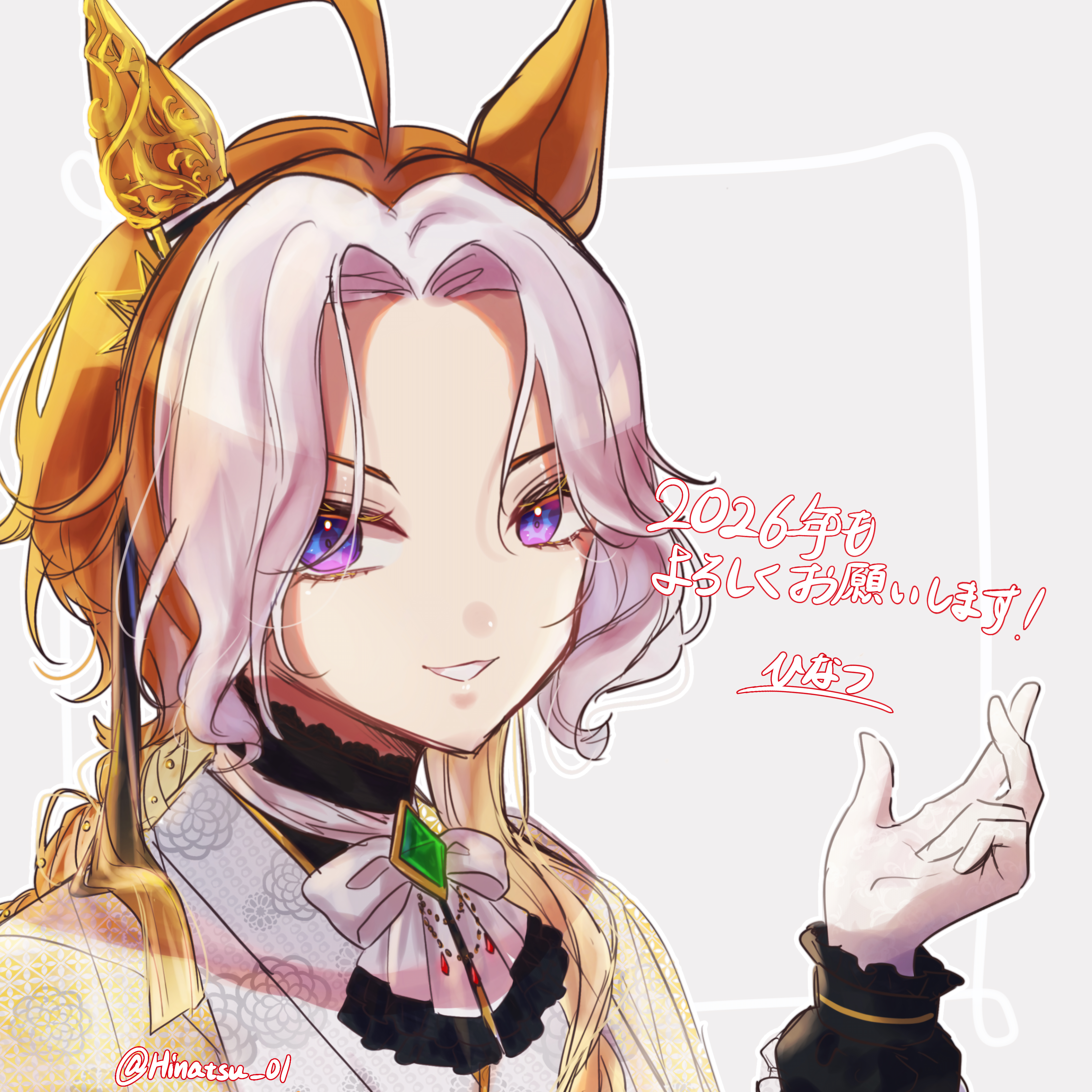 ri ri 0818, orfevre (umamusume), umamusume, absurdres, commentary request, highres, ahoge, animal ears, ascot, black shirt, blue eyes, bow, ear covers, gem, gloves, green gem, horse ears, horse girl, jacket, long hair, long sleeves, looking at viewer, multicolored hair, open mouth, orange hair, shirt, single ear cover, smile, two-tone hair, white ascot, white bow, white gloves, white hair, white jacket