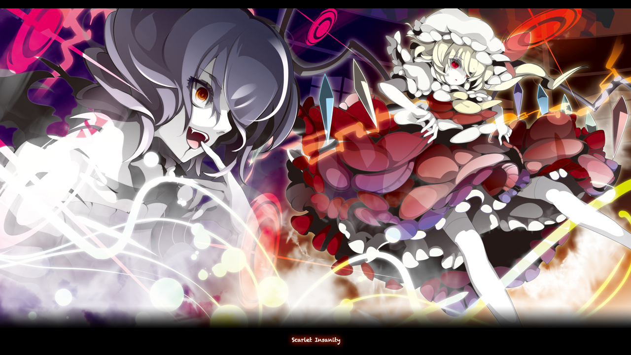 uki (room 405), flandre scarlet, remilia scarlet, touhou, 2girls, asymmetrical hair, blonde hair, female focus, hat, multiple girls, ponytail, red eyes, short hair, siblings, side ponytail, sisters, wings