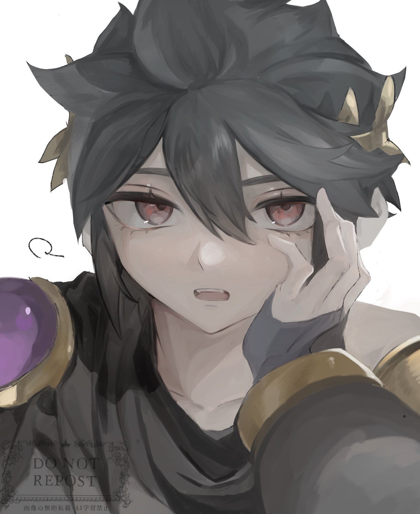 yuuri snpr, dark pit, kid icarus, kid icarus uprising, nintendo, highres, 1boy, black hair, black scarf, bracer, fingerless gloves, gloves, hair between eyes, hand on own cheek, hand on own face, laurel crown, looking at viewer, male focus, open mouth, pale skin, portrait, red eyes, scarf, sidelocks, spiked hair, watermark, white background