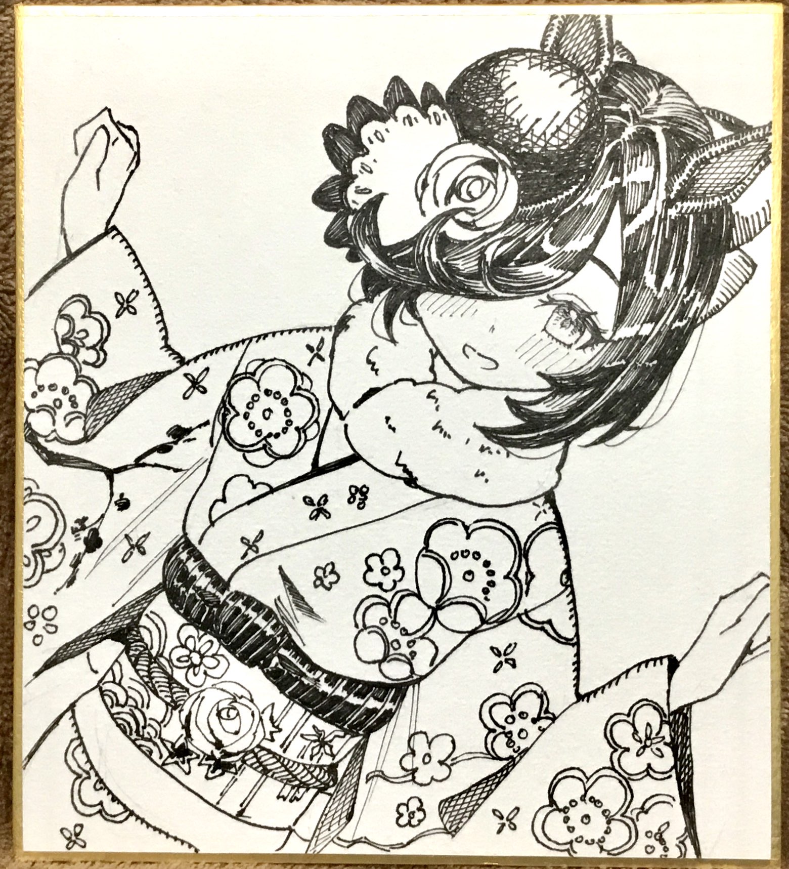 yomean!, rice shower (umamusume), umamusume, commentary request, highres, pen (medium), traditional media, 1girl, :d, animal ears, dutch angle, fascinator, floral print, floral print kimono, flower, fur collar, hair over one eye, hat, hat flower, horse ears, horse girl, japanese clothes, kimono, long sleeves, medium hair, obi, open mouth, print kimono, rose, sash, shikishi, shirt, simple background, smile, solo, white background, white shirt