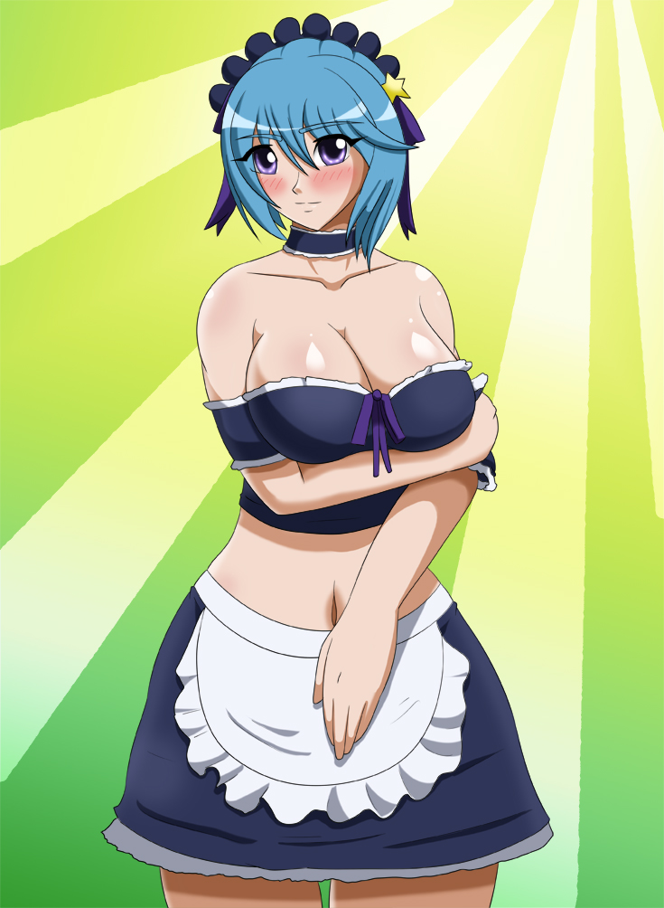 kurono kurumu, rosario+vampire, sh, blue hair, breasts, cleavage, huge breasts, maid, midriff, purple eyes