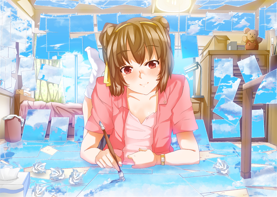 ryouma (galley), oekaki musume, original, drawing, bad id, bad pixiv id, 1girl, blush, brown hair, day, feet, feet up, female focus, hairband, happy, lying, paint, red eyes, short hair, sky, smile, socks, solo