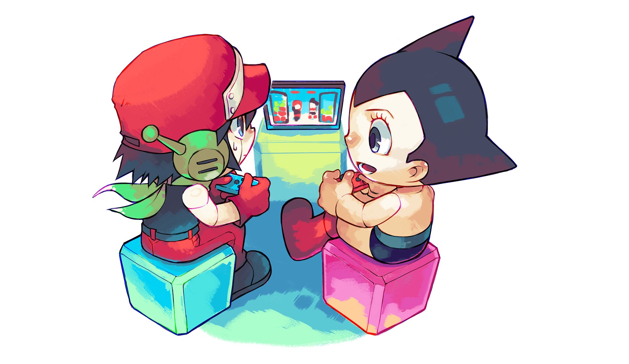 atom (tetsuwan atom), quote (cave story), doukutsu monogatari, nintendo, tetsuwan atom, artist request, commentary, english commentary, highres, official art, 2boys, android, belt, black belt, black hair, black male underwear, black shirt, black shoes, blue eyes, blush, boots, buttons, closed mouth, colored skin, crystal crisis, cube, double-parted hair, ear blush, eyelashes, from above, full body, game console, green neckerchief, grey eyes, hat, joints, joy-con, knee boots, looking at another, lower teeth only, male focus, male underwear, mechanical arms, mechanical legs, metal hair, multiple boys, neckerchief, nintendo switch, nose blush, open mouth, pants, playing games, profile, red boots, red hat, red pants, robot ears, robot joints, shirt, shoes, simple background, sitting, sleeveless, sleeveless shirt, spiked hair, sweatdrop, teeth, topless male, underwear, video game, white background, white skin, widow's peak