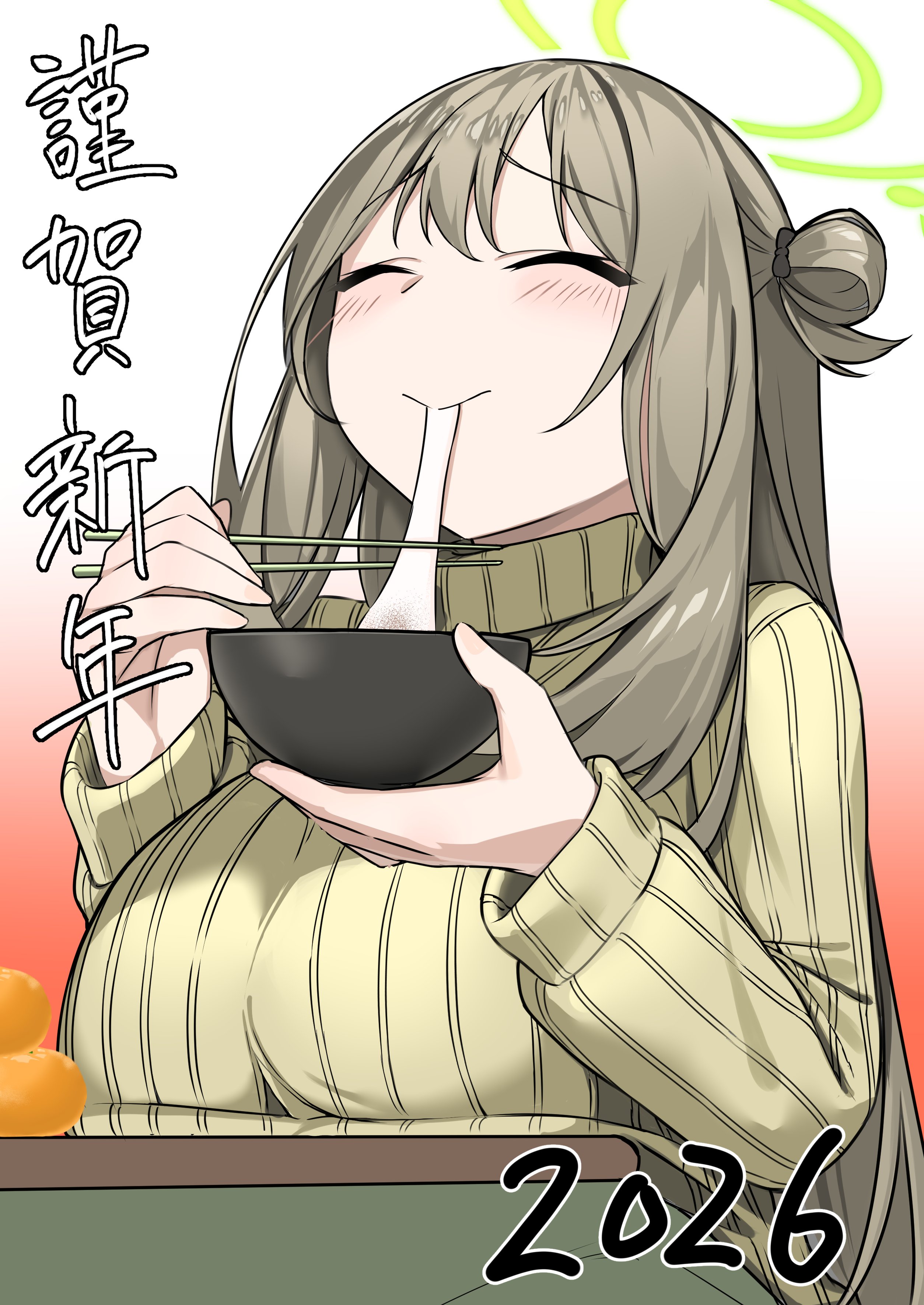 mizumok1, nonomi (blue archive), blue archive, facing up, absurdres, commentary request, highres, translation request, 1girl, 2026, bowl, breast rest, breasts, brown hair, chopsticks, closed eyes, eating, food, food in mouth, fruit, gradient background, green halo, hair bun, halo, holding, holding bowl, holding chopsticks, holding with chopsticks, kotatsu, large breasts, long hair, long sleeves, mandarin orange, mochi, mochi trail, new year, red background, single side bun, solo, sweater, table, turtleneck, turtleneck sweater, white background, yellow sweater