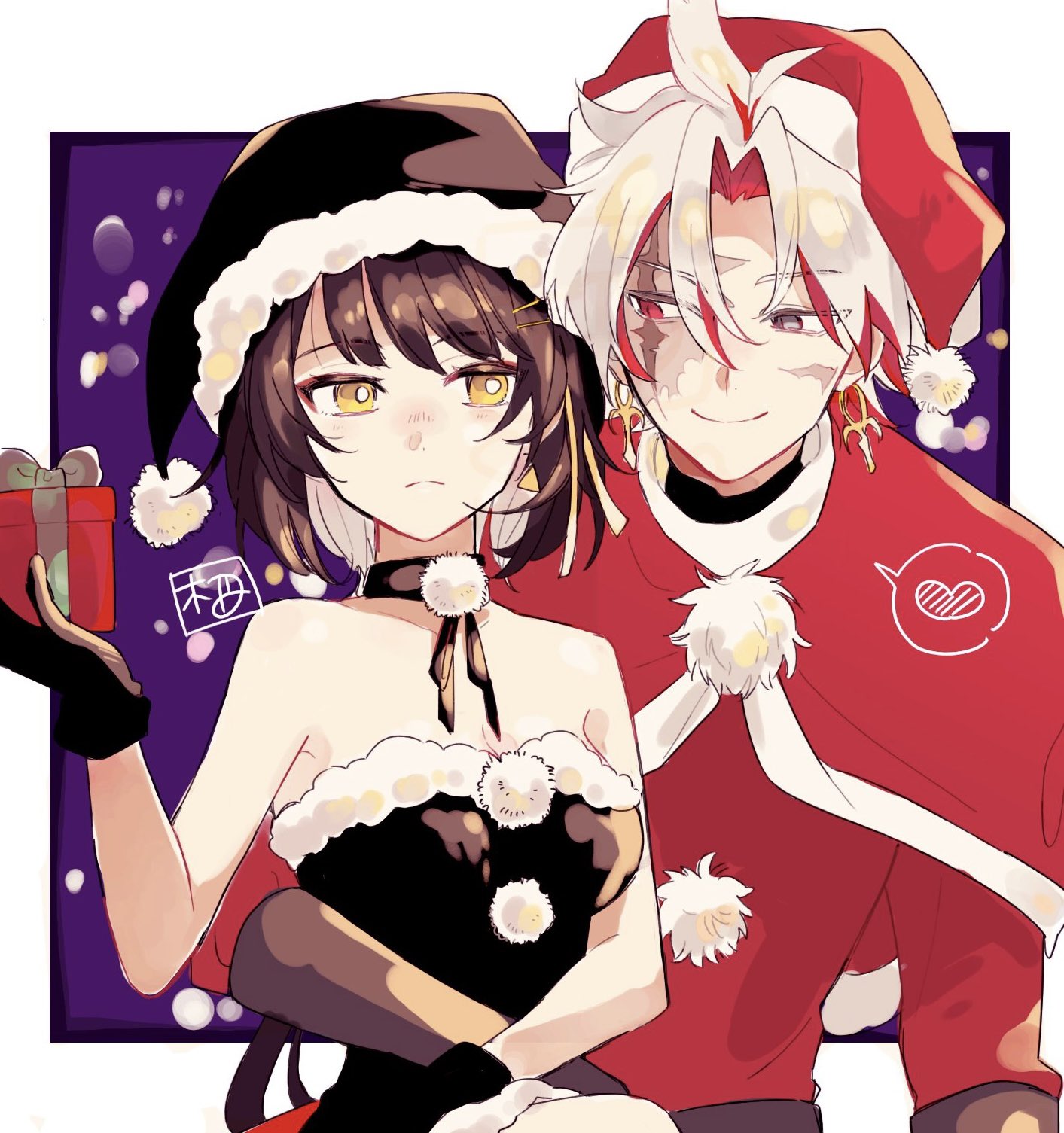 sumika nl, female rover (wuthering waves), rover (wuthering waves), scar (wuthering waves), wuthering waves, commentary request, highres, 1boy, 1girl, alternate costume, bare shoulders, black gloves, black hair, box, breasts, capelet, christmas, dress, earrings, fur trim, gift, gift box, gloves, hair between eyes, hat, heart, hetero, holding, holding gift, jewelry, medium breasts, pom pom (clothes), red capelet, red hair, santa costume, santa hat, scar, scar across eye, scar on face, signature, spoken heart, strapless, strapless dress, white hair, yellow eyes