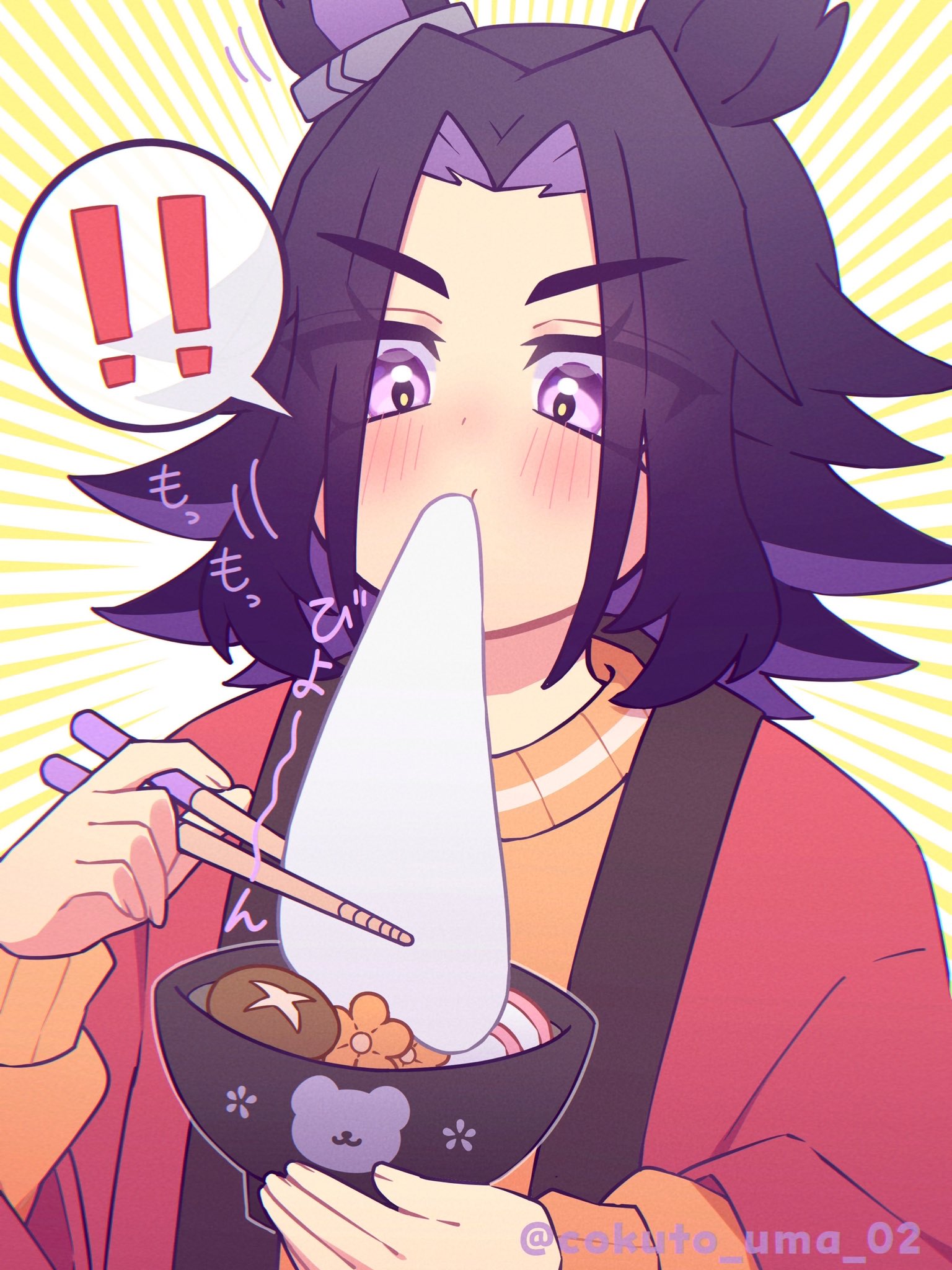 w3n6e, fenomeno (umamusume), umamusume, commentary request, highres, !, !!, aged down, animal ears, black hair, blush, bowl, chopsticks, eating, flipped hair, food, food on face, holding, holding bowl, holding chopsticks, horse ears, horse girl, long hair, long sleeves, looking at viewer, mochi, mochi trail, multicolored hair, orange sweater, purple eyes, purple hair, red robe, robe, shiruko (food), speech bubble, spoken exclamation mark, sweater