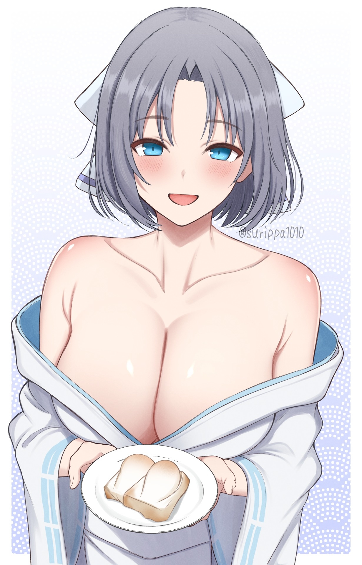 surippa1010, yumi (senran kagura), senran kagura, senran kagura burst, senran kagura burst re:newal, senran kagura estival versus, senran kagura new link, senran kagura shinovi versus, commentary request, highres, 1girl, :d, blue eyes, blush, bow, breasts, cleavage, collarbone, food, grey hair, hair bow, holding, holding plate, japanese clothes, kimono, large breasts, long sleeves, looking at viewer, mochi, new year, open mouth, plate, senran kagura project n, short hair, simple background, smile, solo, white bow, white kimono, wide sleeves