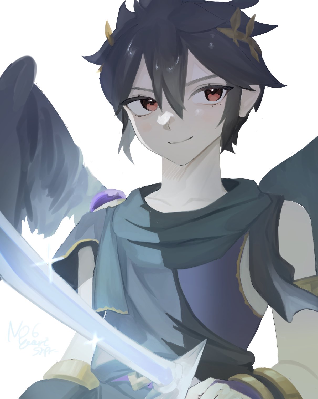 yuuri snpr, dark pit, kid icarus, kid icarus uprising, nintendo, gold armlet, commentary request, highres, 1boy, ahoge, armlet, black hair, black wings, closed mouth, fingerless gloves, gloves, hair between eyes, holding, holding sword, holding weapon, jewelry, laurel crown, male focus, red eyes, scarf, sidelocks, simple background, smile, spiked hair, sword, upper body, weapon, white background, wings