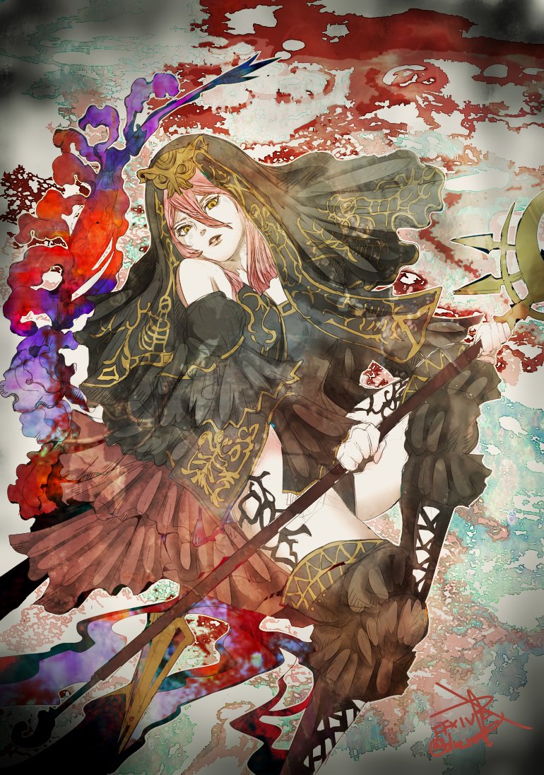 ruka (blueplus84), spectral necromancer, final fantasy, final fantasy xiv, commentary, 1girl, bare shoulders, black leotard, black sleeves, black veil, copyright name, detached sleeves, hair between eyes, highleg, highleg leotard, holding, holding staff, juliet sleeves, leotard, long hair, long sleeves, parted lips, pink hair, puffy sleeves, solo, staff, twitter username, veil, yellow eyes