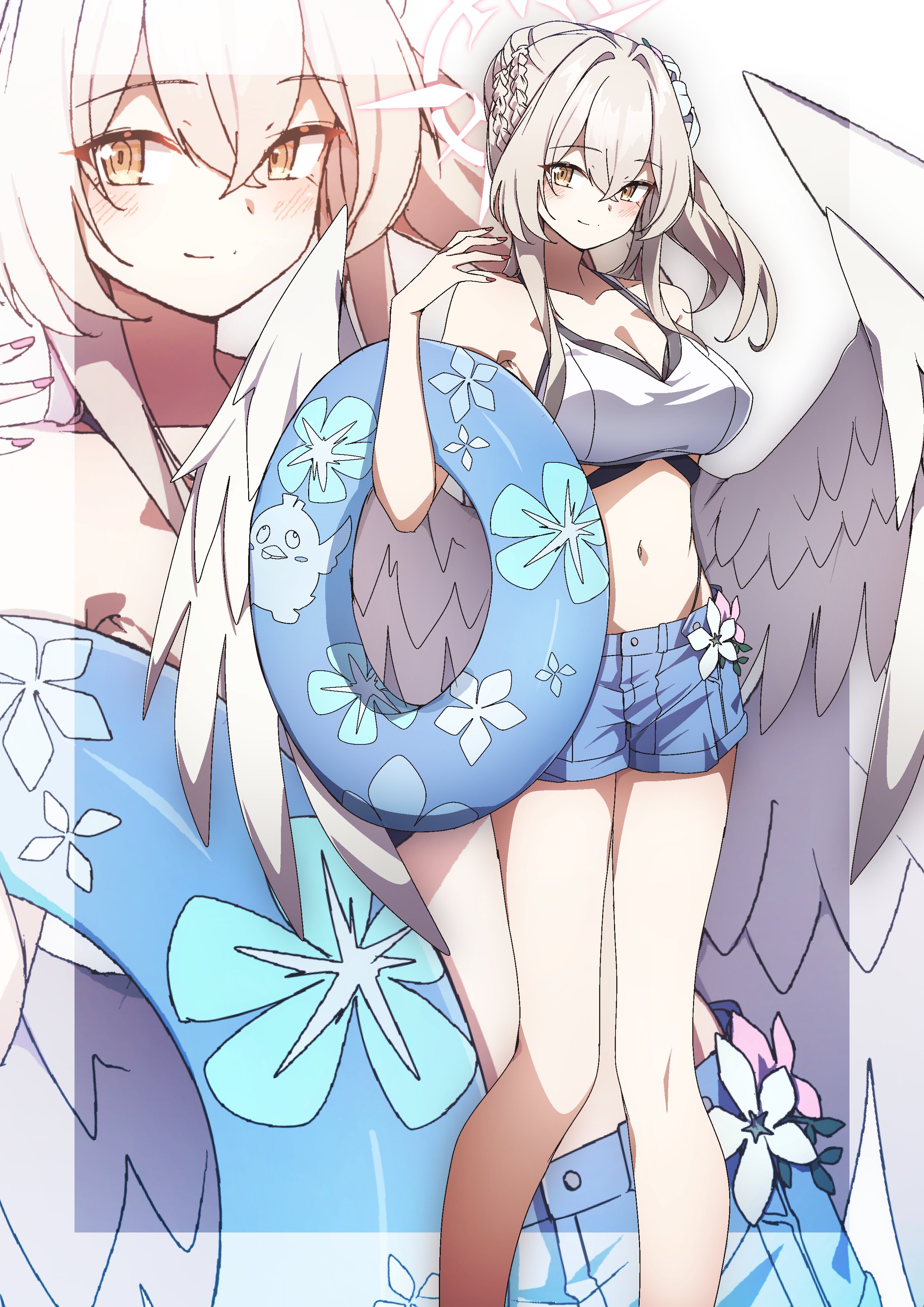to (tototo tk), nagisa (blue archive), blue archive, absurdres, commentary request, highres, 1girl, alternate costume, angel wings, blue shorts, breasts, brown hair, cleavage, collarbone, feathered wings, flower, hair flower, hair ornament, halo, large breasts, long hair, looking at viewer, low wings, midriff, navel, short shorts, shorts, smile, solo, swim ring, white wings, wings, yellow eyes, zoom layer