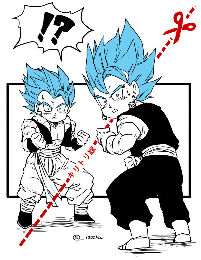 senka-san, gogeta, vegetto, dragon ball, dragon ball super, dragon ball super broly, translation request, !?, 2boys, abs, bare pectorals, blue eyes, blue hair, boots, dotted line, earrings, gloves, greyscale, jewelry, looking at viewer, male focus, metamoran vest, monochrome, multiple boys, muscular, muscular male, pectorals, potara earrings, spot color, super saiyan, super saiyan blue, sweatdrop, twitter username, vest