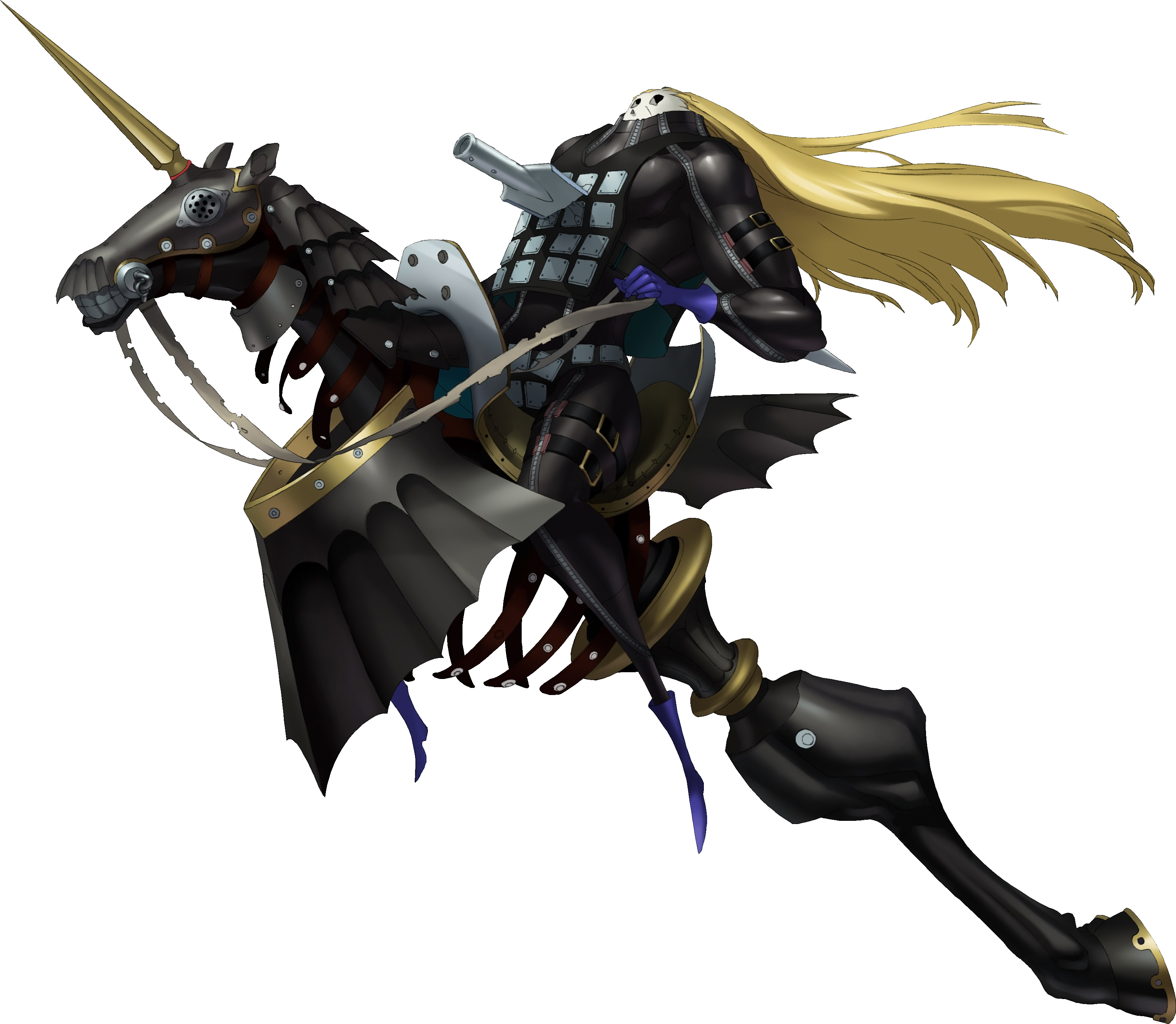 soejima shigenori, castor (persona), persona, persona 3, absurdres, highres, official art, third-party source, 1boy, blonde hair, blue boots, blue gloves, boots, full body, gloves, hobby horse, holding, holding reins, persona (summon), reins, simple background, solo, transparent background