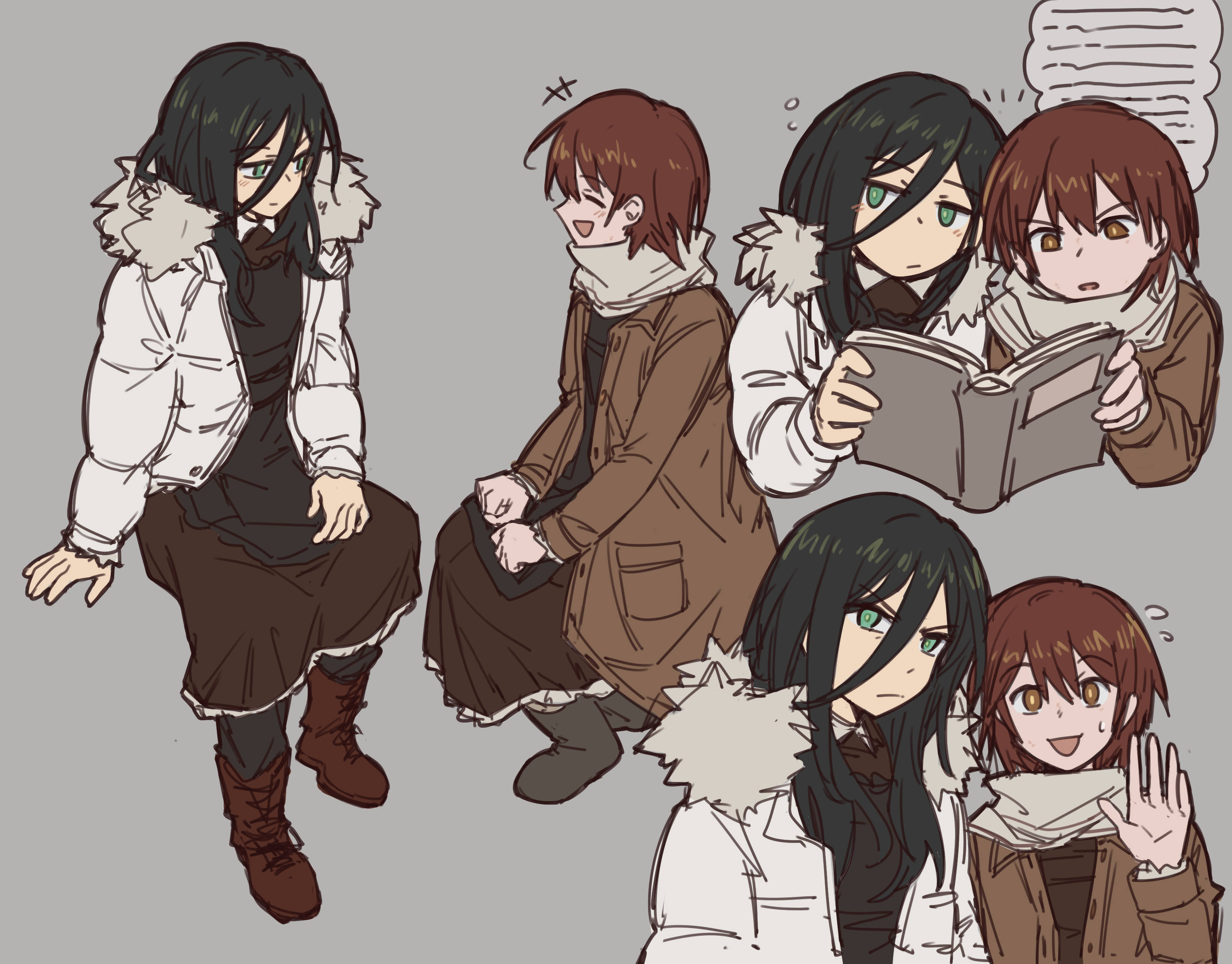 dumd, asya shubina, ira grachevskaya, z.a.t.o. // i love the world and everything in it, absurdres, commentary, english commentary, highres, 2girls, apron, black apron, black hair, book, boots, brown coat, brown dress, brown eyes, brown hair, closed mouth, coat, dress, flying sweatdrops, full body, fur-trimmed jacket, fur trim, green eyes, grey background, hair between eyes, half-closed eyes, holding, holding book, jacket, light blush, long hair, long sleeves, looking at another, multiple girls, multiple views, open book, open mouth, pants, pants under dress, parted lips, scarf, school uniform, serious, short hair, sitting, smile, soviet school uniform, sweatdrop, upper body, white jacket, white scarf, yellow pupils