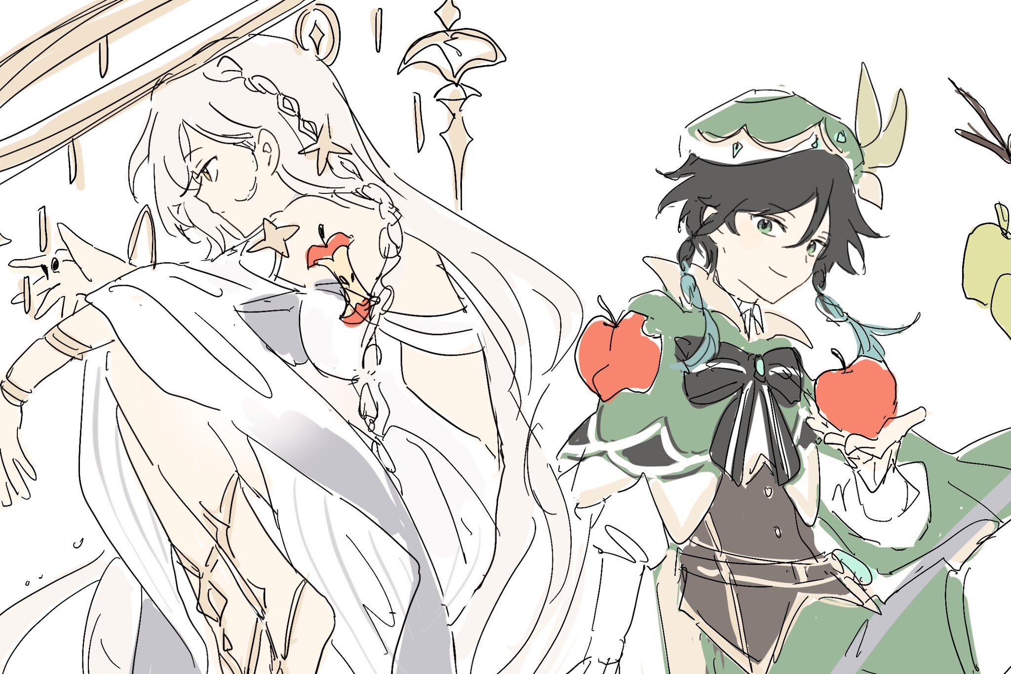kyupercent, alice (genshin impact), venti (genshin impact), genshin impact, gold armlet, highres, 1boy, 1girl, apple, apple core, apple seed, armlet, backless dress, backless outfit, bare shoulders, barefoot sandals (jewelry), beret, black bow, black bowtie, black hair, blonde hair, bow, bowtie, bracelet, braid, braided sidelocks, brown corset, cape, collared shirt, colored tips, corset, dress, expressionless, flower, food, fruit, gladiator sandals, gold bracelet, green apple, green cape, green eyes, green hat, hair between eyes, hair flower, hair ornament, hat, holding, holding food, holding fruit, jewelry, juliet sleeves, knees to chest, long hair, long sleeves, looking to the side, multicolored hair, multiple armlets, profile, puffy sleeves, sandals, seed, shirt, side braid, simple background, sketch, smile, star (symbol), star hair ornament, star ornament, very long hair, vision (genshin impact), white background, white dress, white trim, wide sleeves, yellow eyes