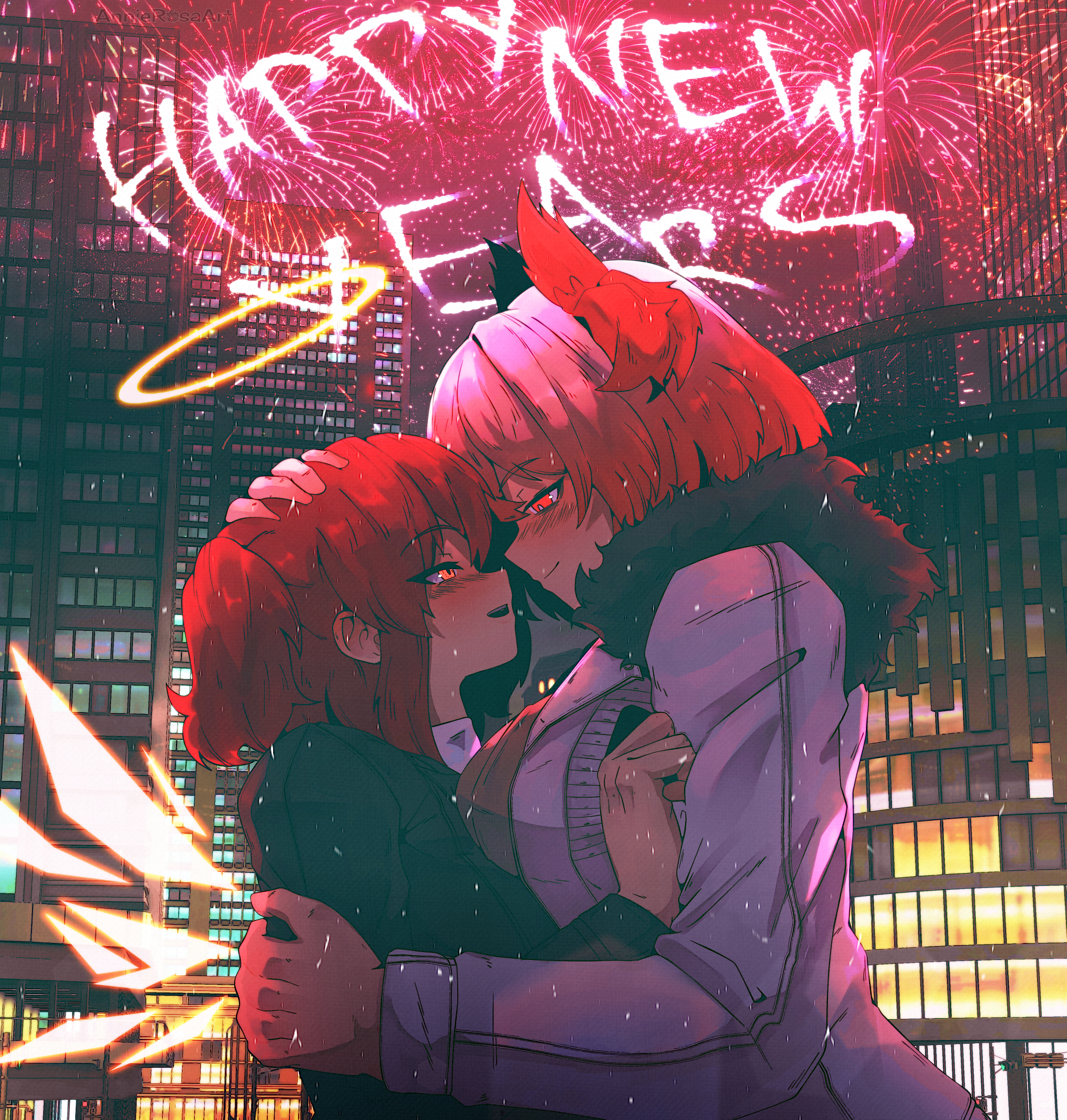 annierosaart, exusiai (arknights), fiammetta (arknights), arknights, commentary request, highres, 2girls, animal ears, bird ears, black coat, blush, building, city, coat, energy wings, eye contact, fireworks, halo, hand on another's head, happy new year, looking at another, multiple girls, new year, pink eyes, pink hair, red hair, smile, snowing, white coat