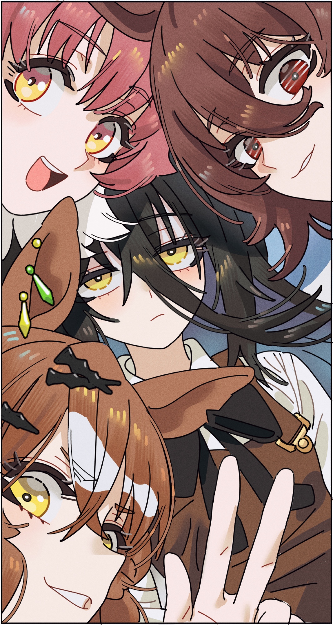 sarcophage, agnes tachyon (umamusume), dantsu flame (umamusume), jungle pocket (umamusume), manhattan cafe (umamusume), umamusume, commentary, highres, 4girls, :d, animal ears, apron, black hair, brown apron, brown hair, closed mouth, colored tips, crossed bangs, ear ornament, grin, hair between eyes, hair ornament, hairclip, horse ears, horse girl, jam (umamusume), long bangs, long hair, looking at viewer, medium hair, multicolored hair, multiple girls, notched ear, open mouth, parted lips, red eyes, shirt, smile, teeth, upper teeth only, w, white hair, white shirt, yellow eyes