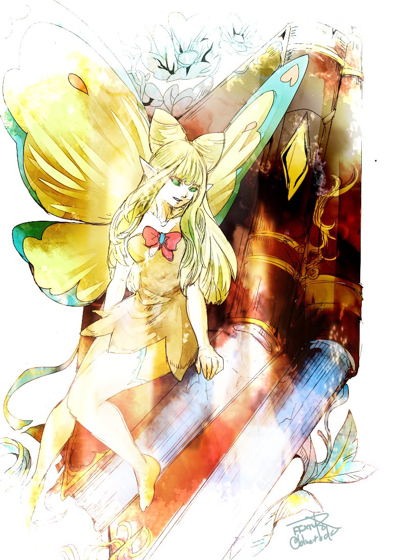 ruka (blueplus84), eos (ff14), final fantasy, final fantasy xiv, commentary, 1girl, aqua eyes, blonde hair, book, bow, breasts, chest bow, cone hair bun, copyright name, double bun, dress, fairy, fairy wings, green thighhighs, hair bun, long hair, medium breasts, mini person, minigirl, pantyhose, pink bow, pointy ears, short dress, solid eyes, solo, strapless, strapless dress, thighhighs, twitter username, wings, yellow dress, yellow pantyhose, yellow wings