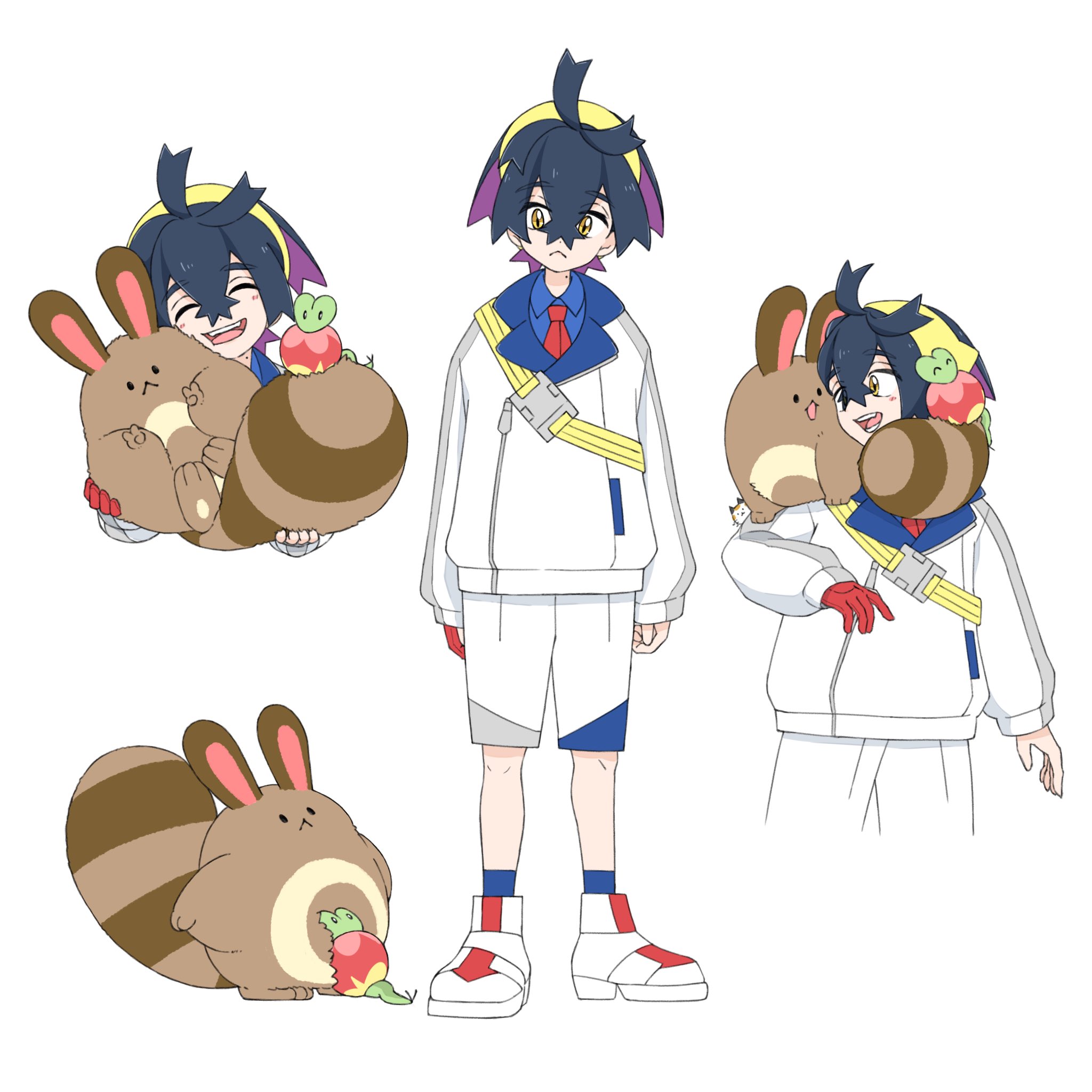 h1na3, applin, kieran (pokemon), sentret, nintendo, pokemon, pokemon sv, commentary request, highres, 1boy, :<, black hair, blue socks, closed eyes, closed mouth, crossed bangs, double v, gen 2 pokemon, gen 8 pokemon, gloves, hairband, holding, holding pokemon, jacket, long sleeves, male focus, mole, mole on neck, multicolored hair, multiple views, on shoulder, one eye closed, open mouth, pokemon (creature), pokemon on shoulder, purple hair, red gloves, shoes, shorts, simple background, single glove, socks, solid oval eyes, standing, v, white background, white jacket, white shoes, white shorts, yellow hairband