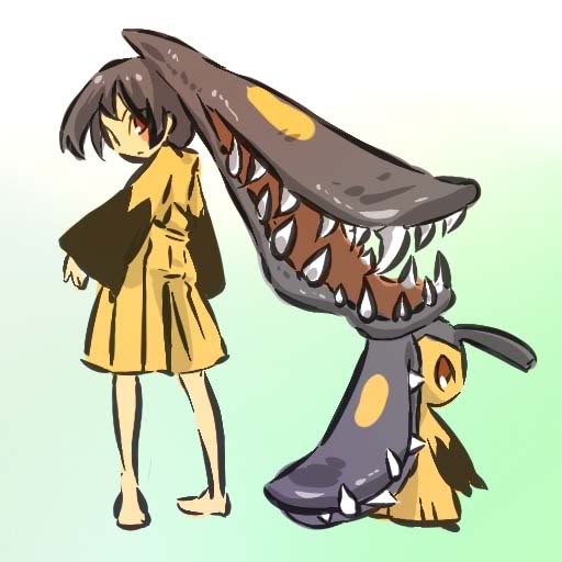 hitec, mawile, moemon, nintendo, pokemon, costume, 1boy, barefoot, black hair, blush stickers, brown eyes, fangs, gen 3 pokemon, looking back, male focus, monster boy, personification, red eyes, simple background, standing, trap
