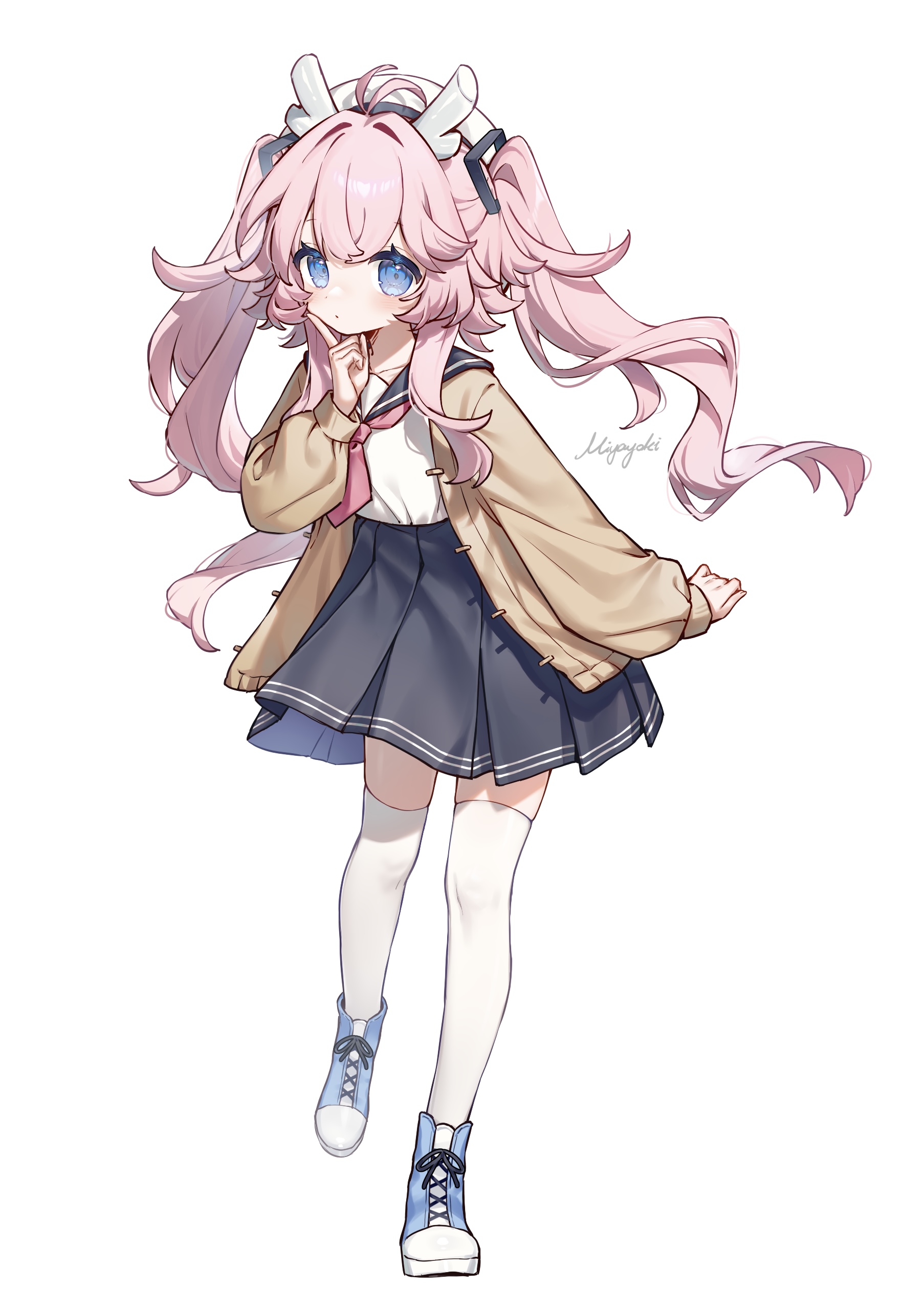 miyayoki, original, absurdres, chinese commentary, commentary request, highres, 1girl, antenna hair, artist name, beret, black sailor collar, black skirt, blue eyes, blue shoes, blush, borrowed character, brown cardigan, cardigan, closed mouth, collarbone, cross-laced shoes, double-parted bangs, dragon girl, dragon horns, full body, hat, horns, long hair, long sleeves, looking at viewer, neckerchief, open cardigan, open clothes, pink hair, pleated skirt, puffy long sleeves, puffy sleeves, red neckerchief, sailor collar, school uniform, serafuku, shirt, shirt tucked in, shoes, sidelocks, signature, simple background, skirt, sneakers, solo, thighhighs, twintails, white background, white hat, white horns, white shirt, white thighhighs