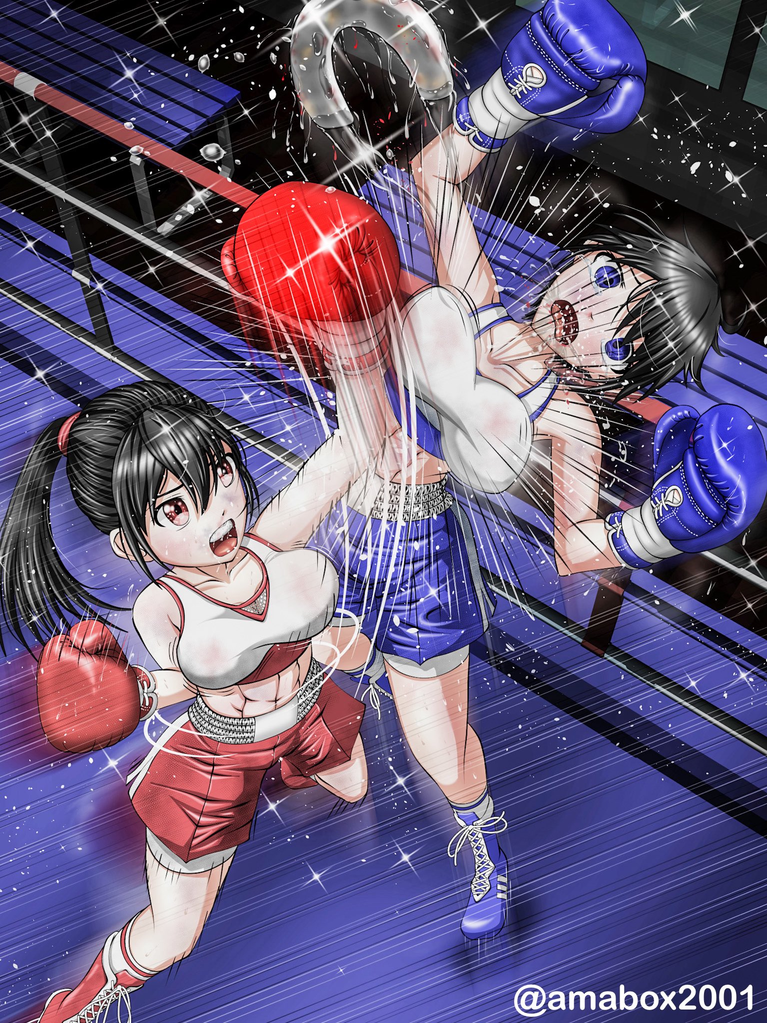 amabox, tagme, 2girls, boxing gloves, boxing ring, breasts, catfight, fighting, large breasts, multiple girls, shorts