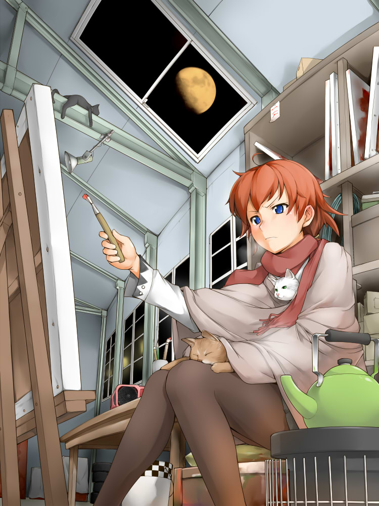 hiru okita, nekomura, oekaki musume, original, bad id, bad pixiv id, 1girl, animal, animal in clothes, animal on lap, art brush, black pantyhose, blue eyes, blush, brown hair, canvas (object), cat, easel, female focus, frown, indoors, miniskirt, on lap, paintbrush, painting (action), pantyhose, scarf, sitting, skirt, solo, table, wooden table