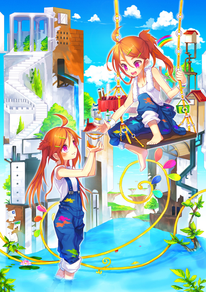 renta, renta (deja-vu), oekaki musume, original, bad id, bad pixiv id, 2girls, ahoge, art brush, barefoot, blush, brown hair, child, feet, hair ornament, hairclip, happy, long hair, multiple girls, nature, overalls, paint, paint can, paintbrush, painting (action), ponytail, purple eyes, purple hair, red hair, siblings, sisters, smile, twins, twintails, wading, water