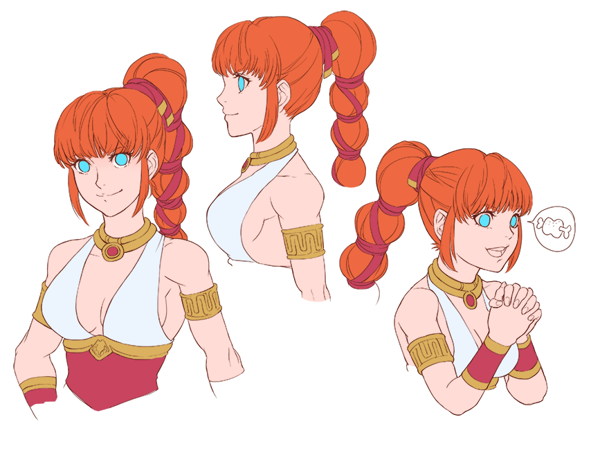 helen (blade strangers), blade strangers, gold armlet, gold collar, artist request, official art, second-party source, 3girls, armlet, armored corset, bare shoulders, blue eyes, boned meat, bracer, breasts, corset, dual persona, eyelashes, fingernails, food, from side, gold trim, greco-roman clothes, hair ribbon, half updo, halterneck, jewelry, long hair, looking at viewer, low-tied long hair, meat, medium breasts, multiple girls, nape, orange hair, own hands together, partially colored, pendant, production art, profile, red corset, red ribbon, ribbon, sidelocks, smile, speech bubble, split mouth, teeth, tongue, upper body, upper teeth only