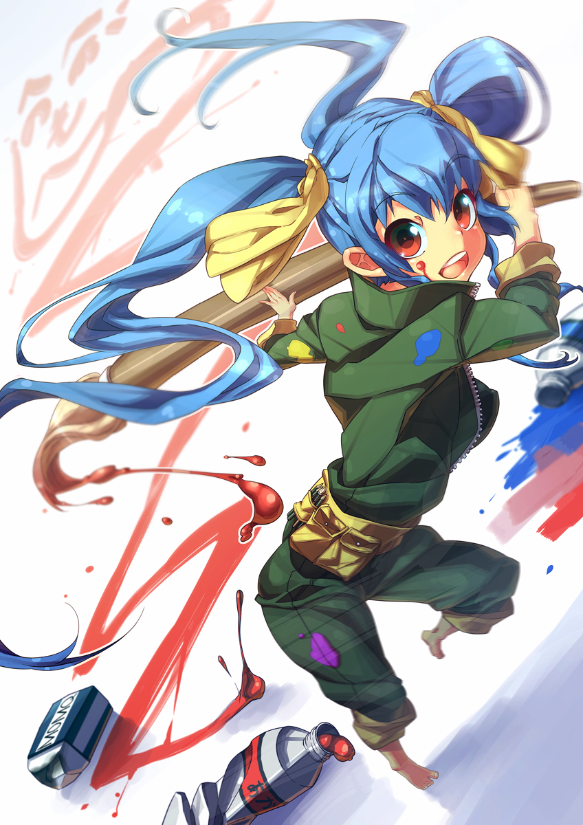 is ii, oekaki musume, original, bad id, bad pixiv id, highres, 1girl, ahoge, art brush, barefoot, blue hair, brown eyes, feet, female focus, foreshortening, long hair, paint, paintbrush, pencil, sleeves rolled up, solo, spread toes, toes, twintails, wooden pencil