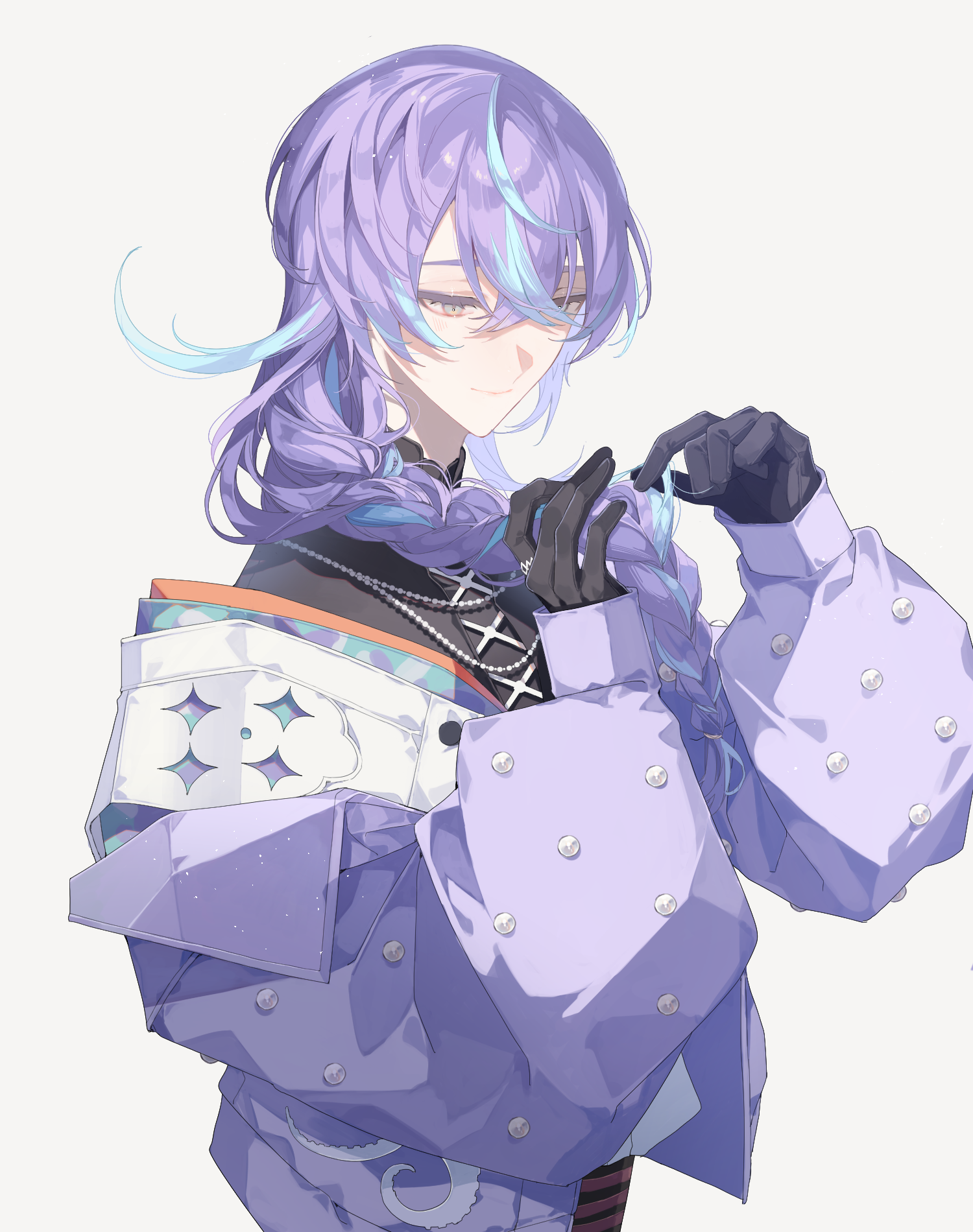 mizuki (mz), hoshirube sho, nijisanji, commentary request, highres, 1boy, alternate costume, alternate hairstyle, black gloves, black shirt, blue hair, braiding hair, cowboy shot, gloves, green eyes, hairdressing, half-closed eyes, jacket, light smile, looking down, male focus, multicolored hair, off shoulder, purple hair, purple jacket, shirt, simple background, solo, streaked hair, virtual youtuber, white background