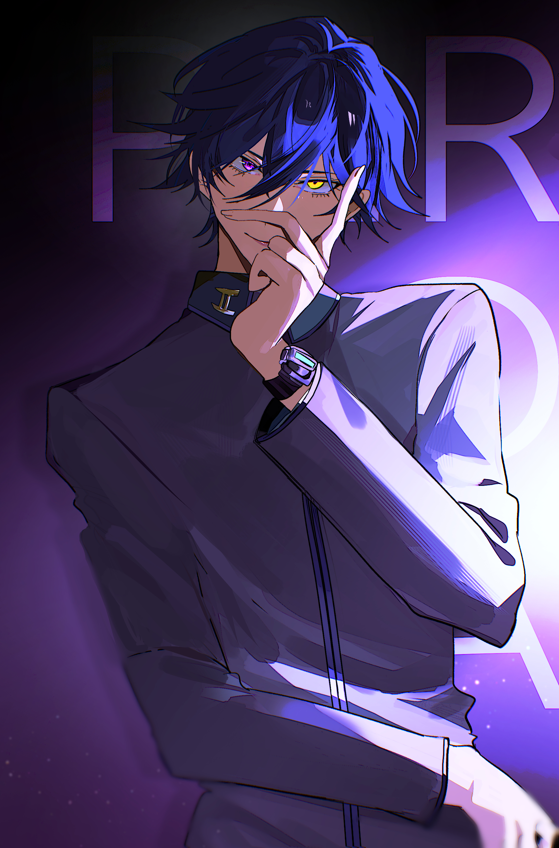 fsmaichobpeg0, toudou naoya, persona, persona 1, absurdres, hashtag-only commentary, highres, 1boy, blue hair, contrast collar, copyright name, double-parted bangs, grey jacket, hair between eyes, hand on own cheek, hand on own face, hand on own hip, heterochromia, jacket, light particles, lower eyelashes only, male focus, purple background, purple eyes, school uniform, short hair, simple background, smile, solo, st. hermelin school uniform, watch, wristwatch, yellow eyes