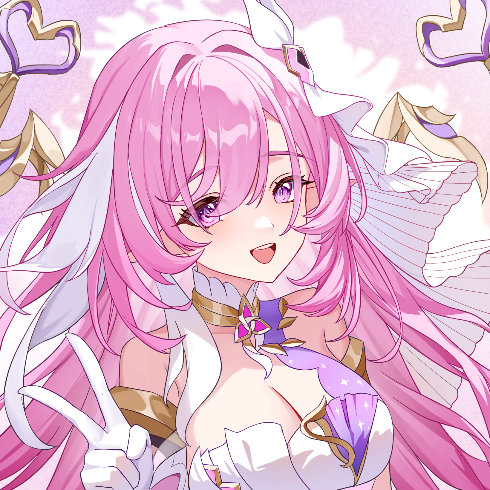 lao xi, elysia (herrscher of human: ego) (honkai impact), elysia (honkai impact), honkai (series), honkai impact 3rd, highres, 1girl, bare shoulders, breasts, cleavage, diamond-shaped pupils, diamond (shape), gloves, hair intakes, hair ornament, hand up, large breasts, long hair, looking at viewer, multicolored hair, open mouth, pink hair, purple eyes, smile, solo, streaked hair, symbol-shaped pupils, triquetra, upper body, v, white gloves