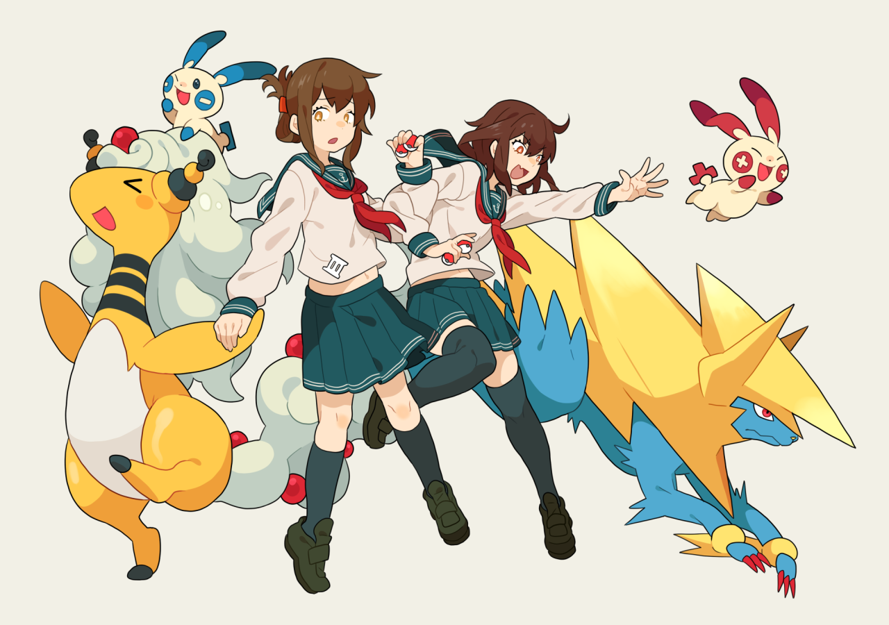 emu (eomou), ampharos, ikazuchi (kancolle), inazuma (kancolle), manectric, mega ampharos, mega manectric, minun, plusle, kantai collection, nintendo, pokemon, > <, 2girls, anchor symbol, black shoes, blue sailor collar, blue skirt, brown hair, closed eyes, crossover, fang, folded ponytail, gen 2 pokemon, gen 3 pokemon, grey background, holding, holding poke ball, loafers, long sleeves, mega pokemon, multiple girls, neckerchief, one eye closed, open mouth, orange eyes, pleated skirt, poke ball, poke ball (basic), pokemon (creature), red eyes, red neckerchief, sailor collar, school uniform, serafuku, shoes, simple background, skin fang, skirt, socks, thighhighs