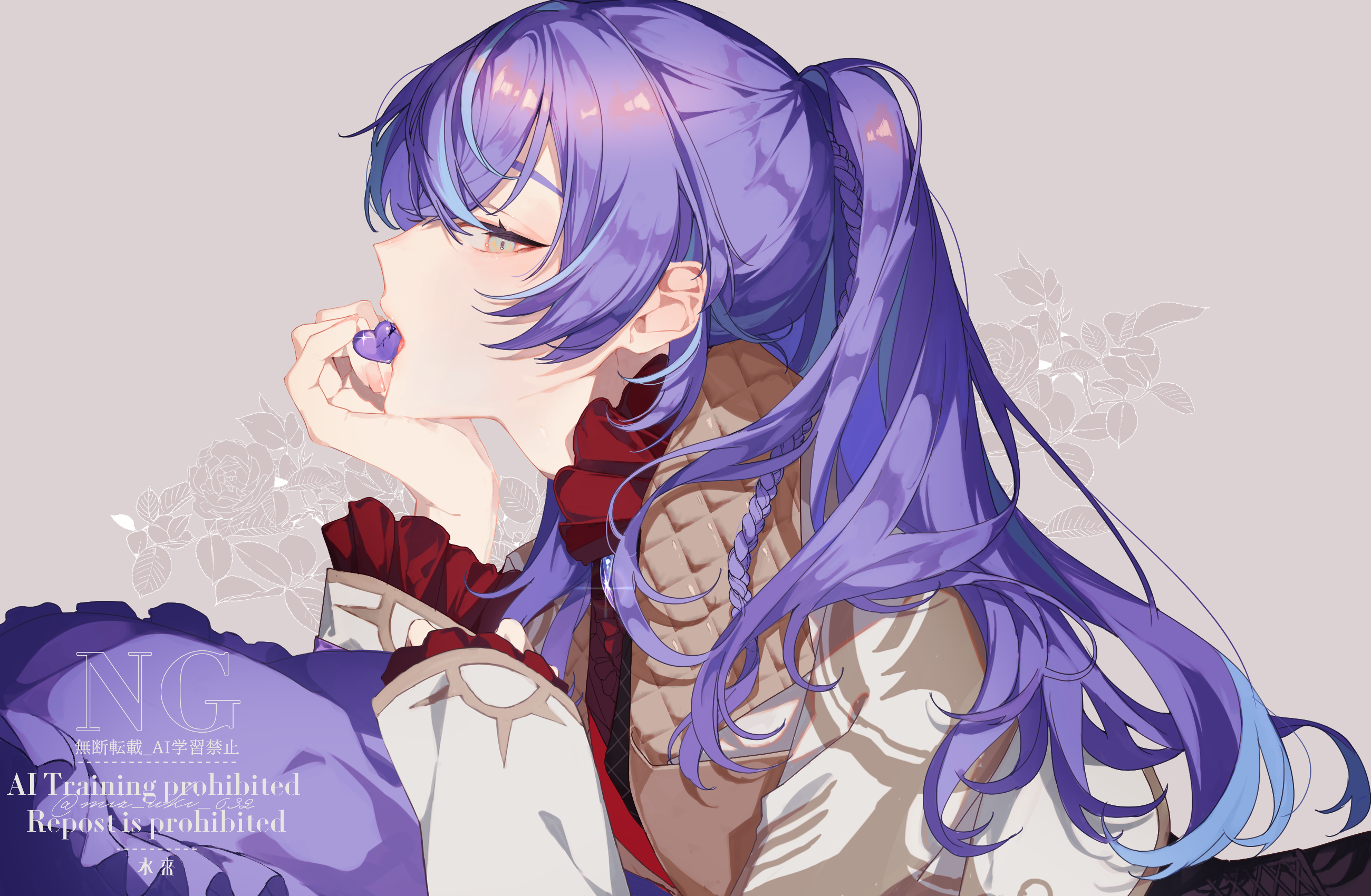 mizuki (mz), hoshirube sho, nijisanji, commentary request, highres, 1boy, alternate costume, blue hair, brown jacket, colored inner hair, floral background, food, food on face, grey background, grey eyes, half-closed eyes, hand up, jacket, long hair, looking at viewer, male focus, multicolored hair, pillow, ponytail, purple hair, red trim, sidelocks, simple background, solo, streaked hair, upper body, virtual youtuber, watermark