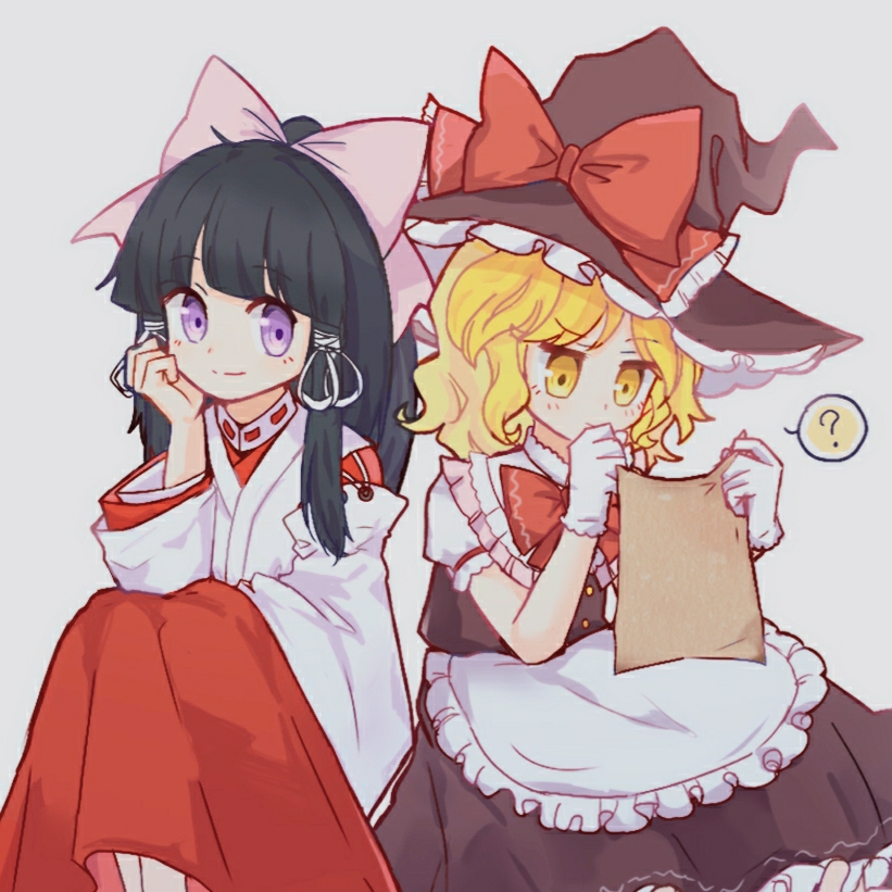 hakurei reimu, kirisame marisa, portrait of exotic girls, touhou, chinese commentary, commentary request, 2girls, ?, apron, black hair, black hat, black skirt, black vest, blonde hair, bow, bowtie, gloves, hair bow, hair ribbon, hand on own cheek, hand on own face, hat, hat bow, holding, japanese clothes, kimono, long hair, multiple girls, nizi nnz, official alternate costume, pink bow, puffy short sleeves, puffy sleeves, purple eyes, red bow, red bowtie, red skirt, ribbon, short sleeves, skirt, spoken question mark, vest, waist apron, white apron, white gloves, white kimono, white ribbon, witch hat, yellow eyes