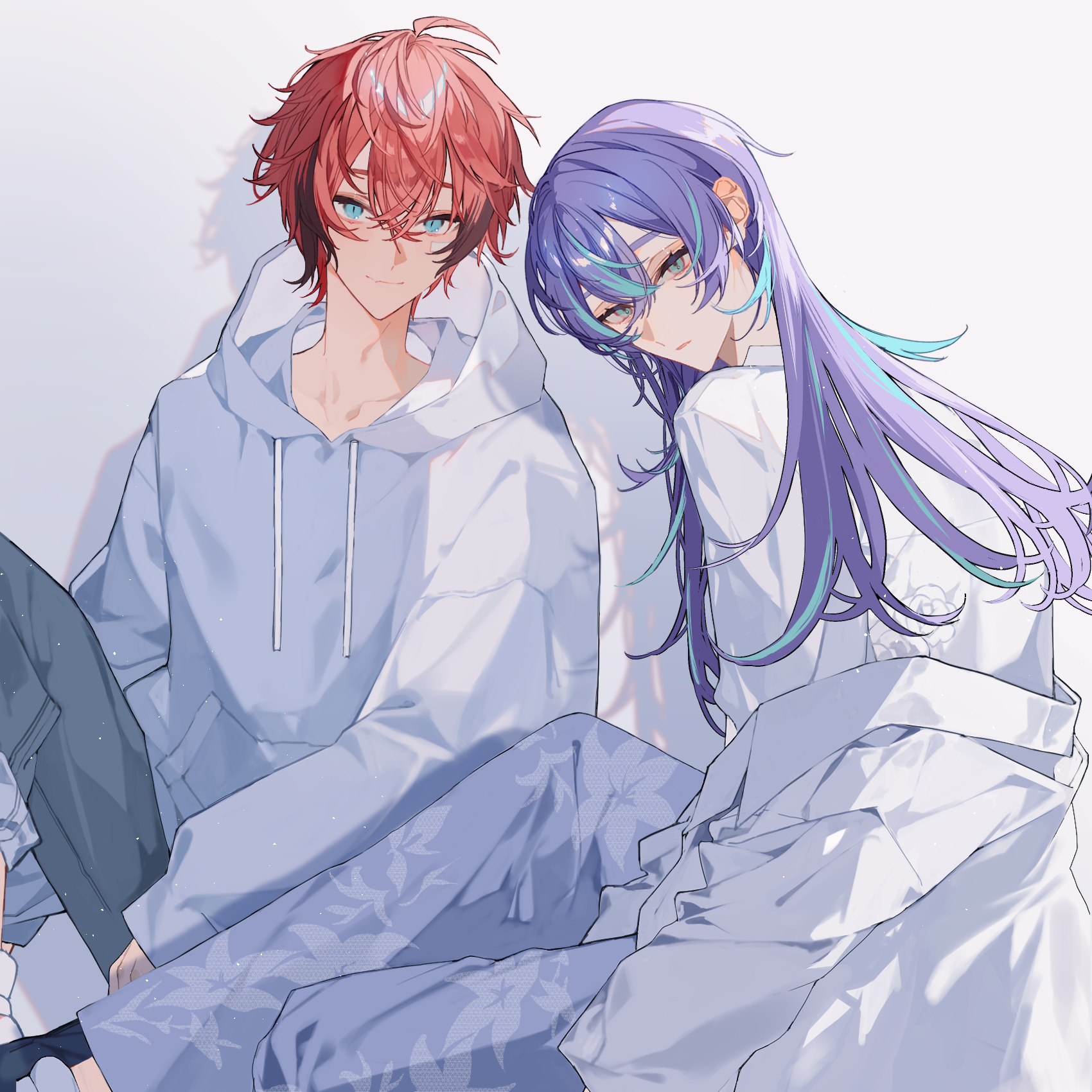 mizuki (mz), akagi wen, hoshirube sho, nijisanji, commentary request, highres, 2boys, alternate costume, bandaid, bandaid on face, black hair, blue eyes, blue hair, blue pants, closed mouth, feet out of frame, floral print, grey pants, hood, hoodie, jacket, long hair, long sleeves, looking at viewer, looking back, male focus, multicolored hair, multiple boys, off shoulder, pants, parted lips, pink hair, purple hair, shadow, shirt, short hair, simple background, smile, streaked hair, virtual youtuber, white background, white hoodie, white jacket, white shirt
