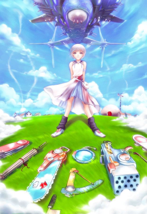 s zenith lee, bag, chainsaw, cloud, crowbar, folding knife, handbag, knife, mirror, parasol, umbrella, weapon, white hair